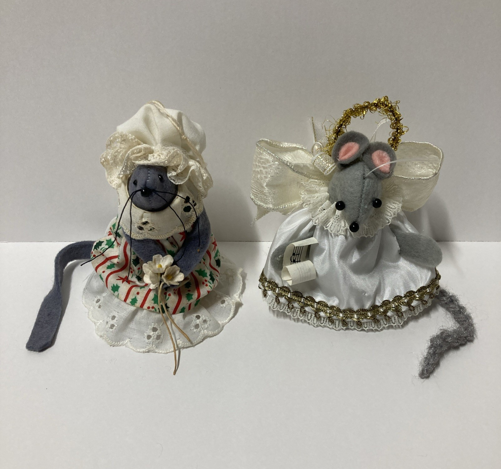 Vtg Handmade Felt Mouse Christmas Tree Ornament 2 Lot Angel Lace Bonnet Dress 4"