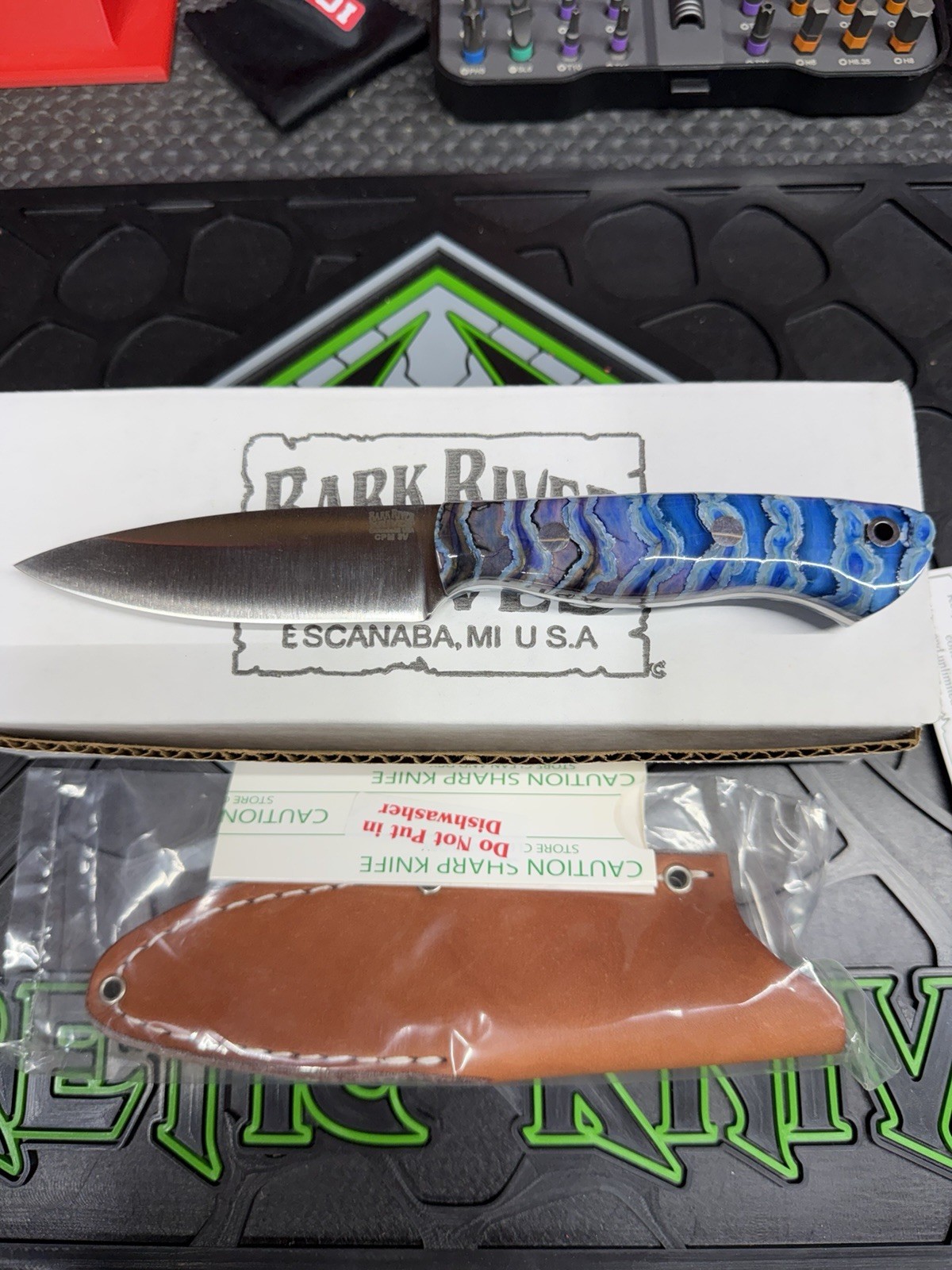 Bark River Mini Aurora Knife CPM-3V - VERY RARE BLUE MAMMOTH Handle  Black Liner