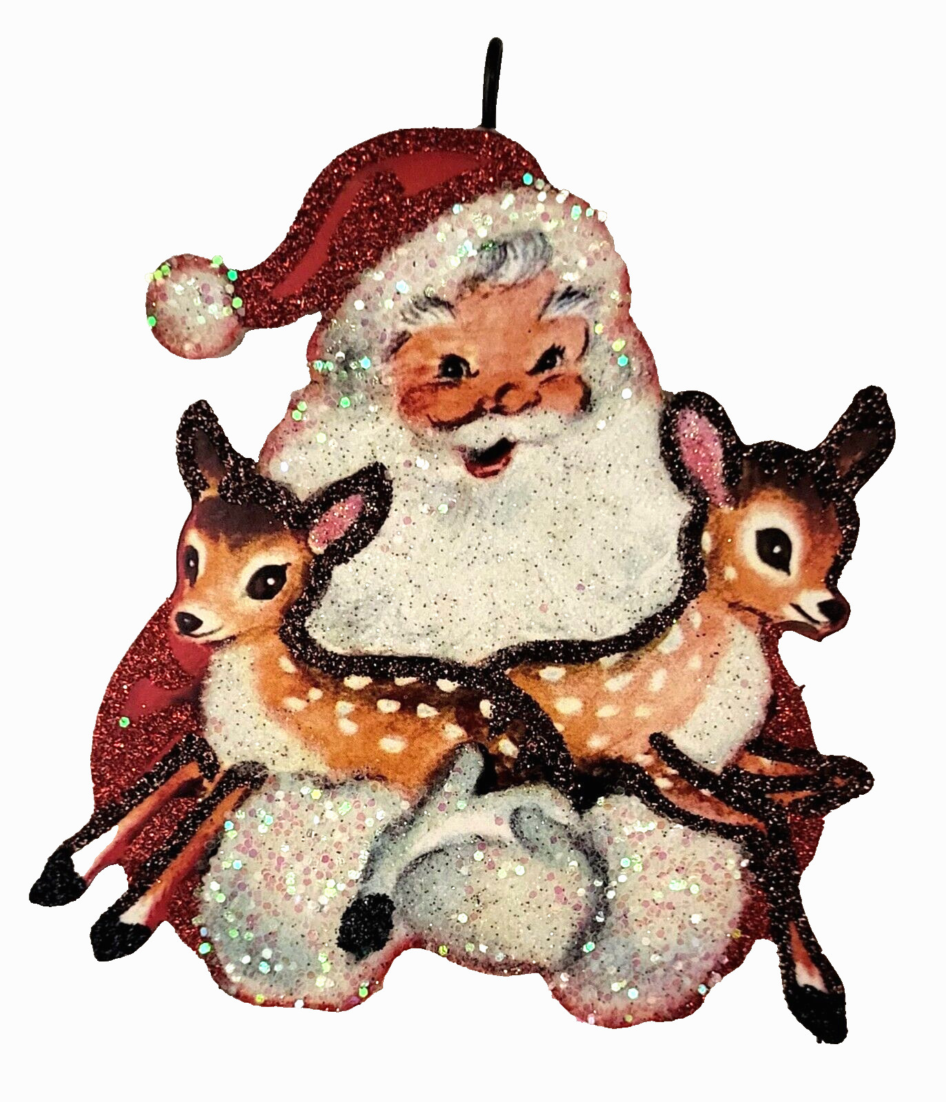 SANTA CLAUS Holding 2 YOUNG DEER * Glitter CHRISTMAS ORNAMENT * Vtg Img SANTA CLAUS Holding 2 YOUNG DEER * Glitter CHRISTMAS ORNAMENT * Vtg Img