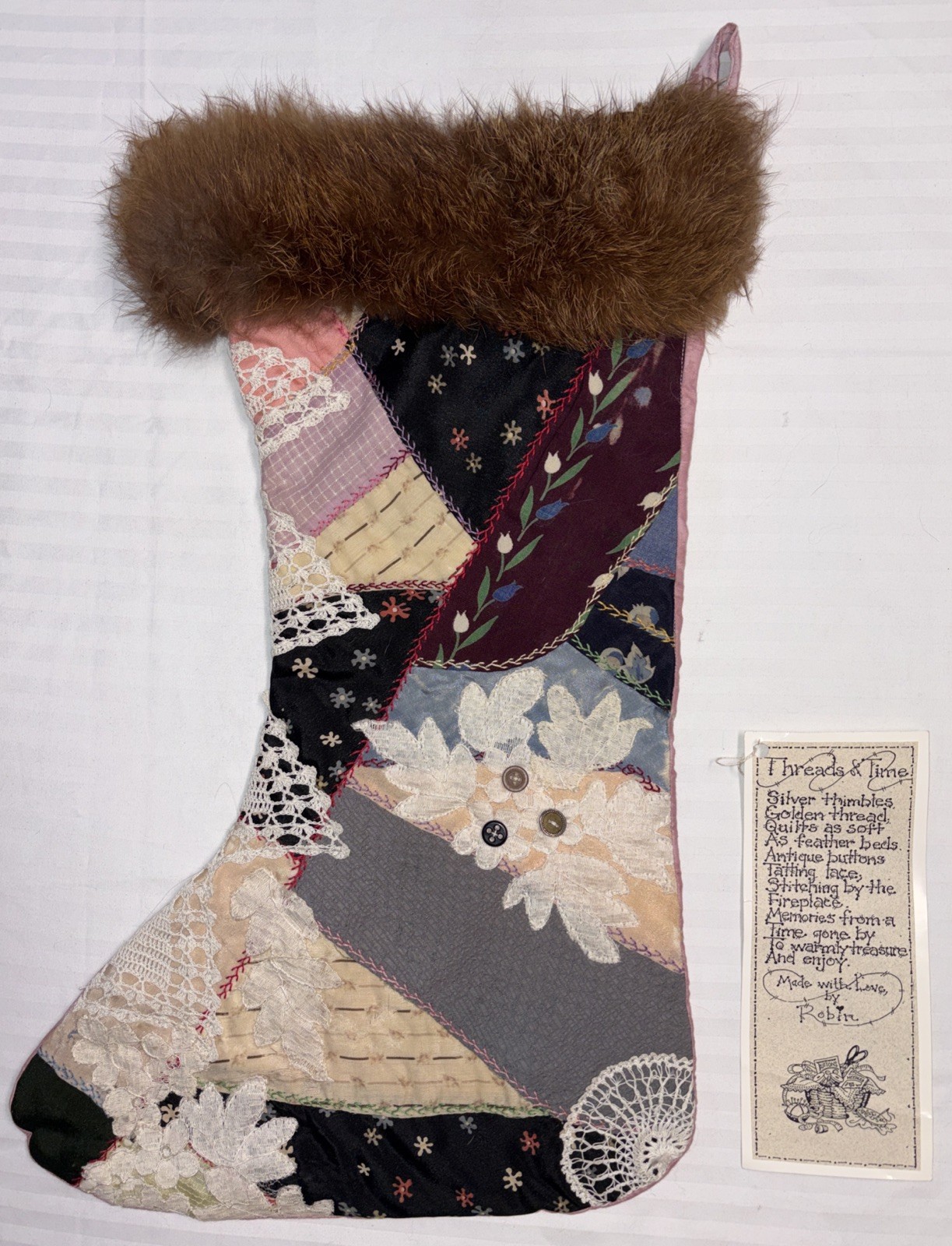 Antique Crazy Quilt Christmas Stocking Handmade Robin Threads of Time 18” X 11.5 Antique Crazy Quilt Christmas Stocking Handmade Robin Threads of Time 18” X 11.5