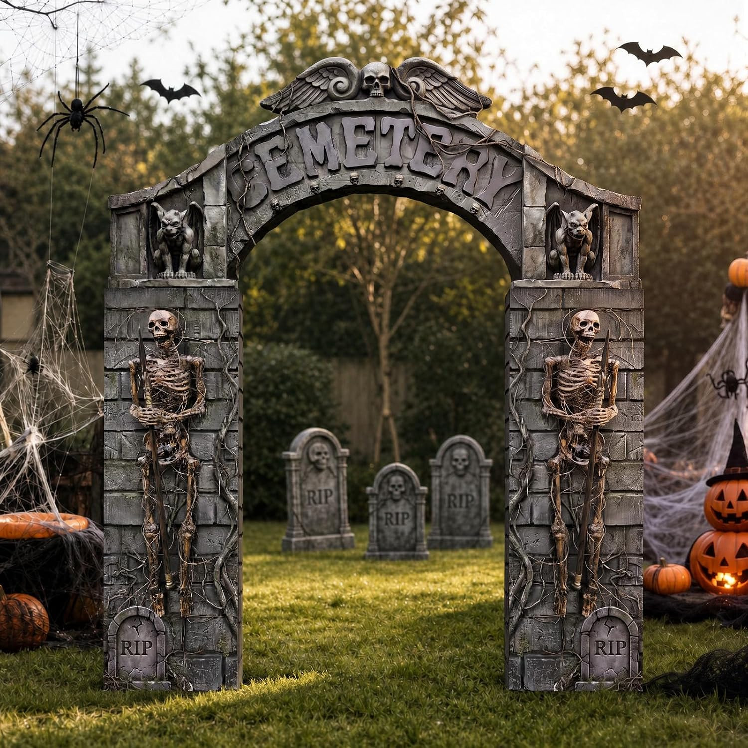 7 Pcs Halloween Cemetery Archway Tombstones Skeleton Set – Spooky Party Decor 7 Pcs Halloween Cemetery Archway Tombstones Skeleton Set – Spooky Party Decor