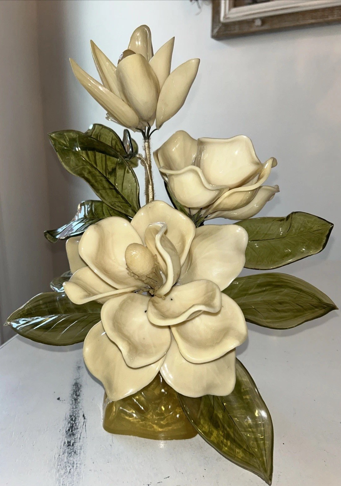 J Corelli 1967 Lucite Acrylic Flower Leaf Magnolia 14”Hx12”Lx11”W Italy MCM Sign J Corelli 1967 Lucite Acrylic Flower Leaf Magnolia 14”Hx12”Lx11”W Italy MCM Sign