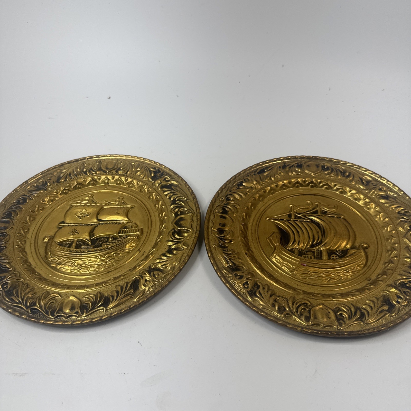 Linton Vintage Pressed Stamped Metal Tin Plates w/ Ships Made in England 14 1/4" Linton Vintage Pressed Stamped Metal Tin Plates w/ Ships Made in England 14 1/4"