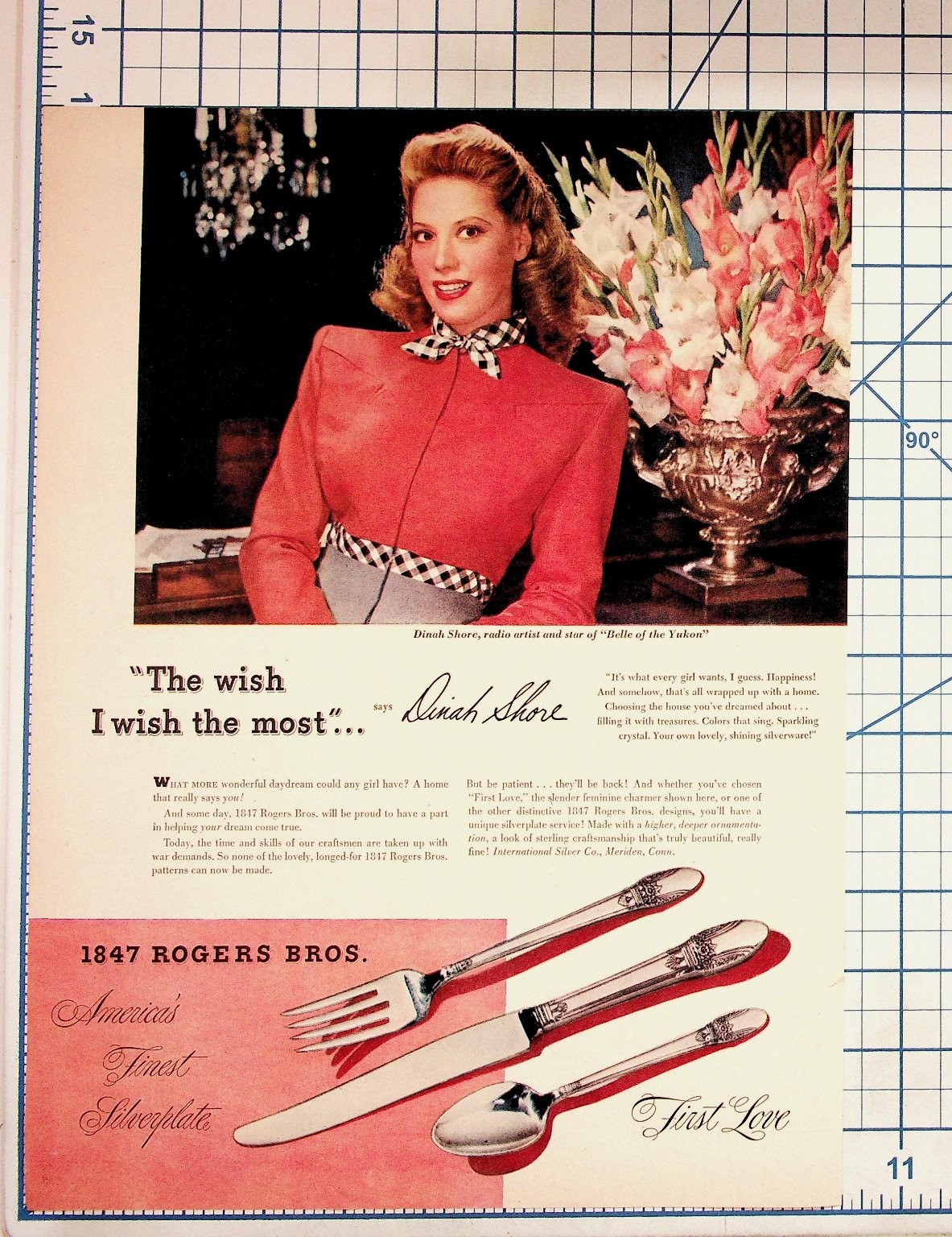Dinah Shore 1940s 1847 Rogers Bros Silverplate "First Love" Ad Meriden CT Dinah Shore 1940s 1847 Rogers Bros Silverplate "First Love" Ad Meriden CT