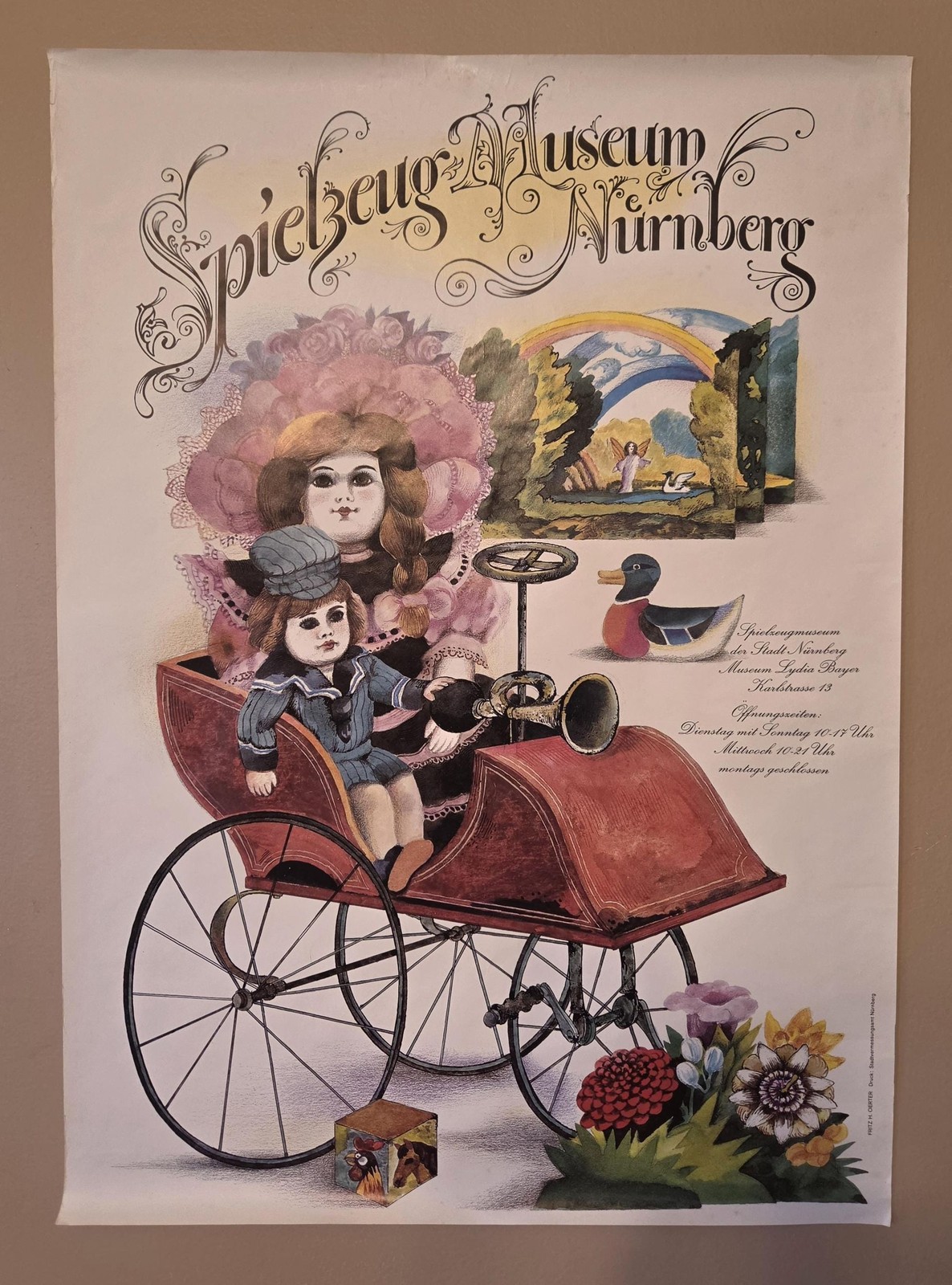 Vintage 1970s German Toy Museum Poster, Dolls in Toy Car by Fritz H. Oerter Vintage 1970s German Toy Museum Poster, Dolls in Toy Car by Fritz H. Oerter