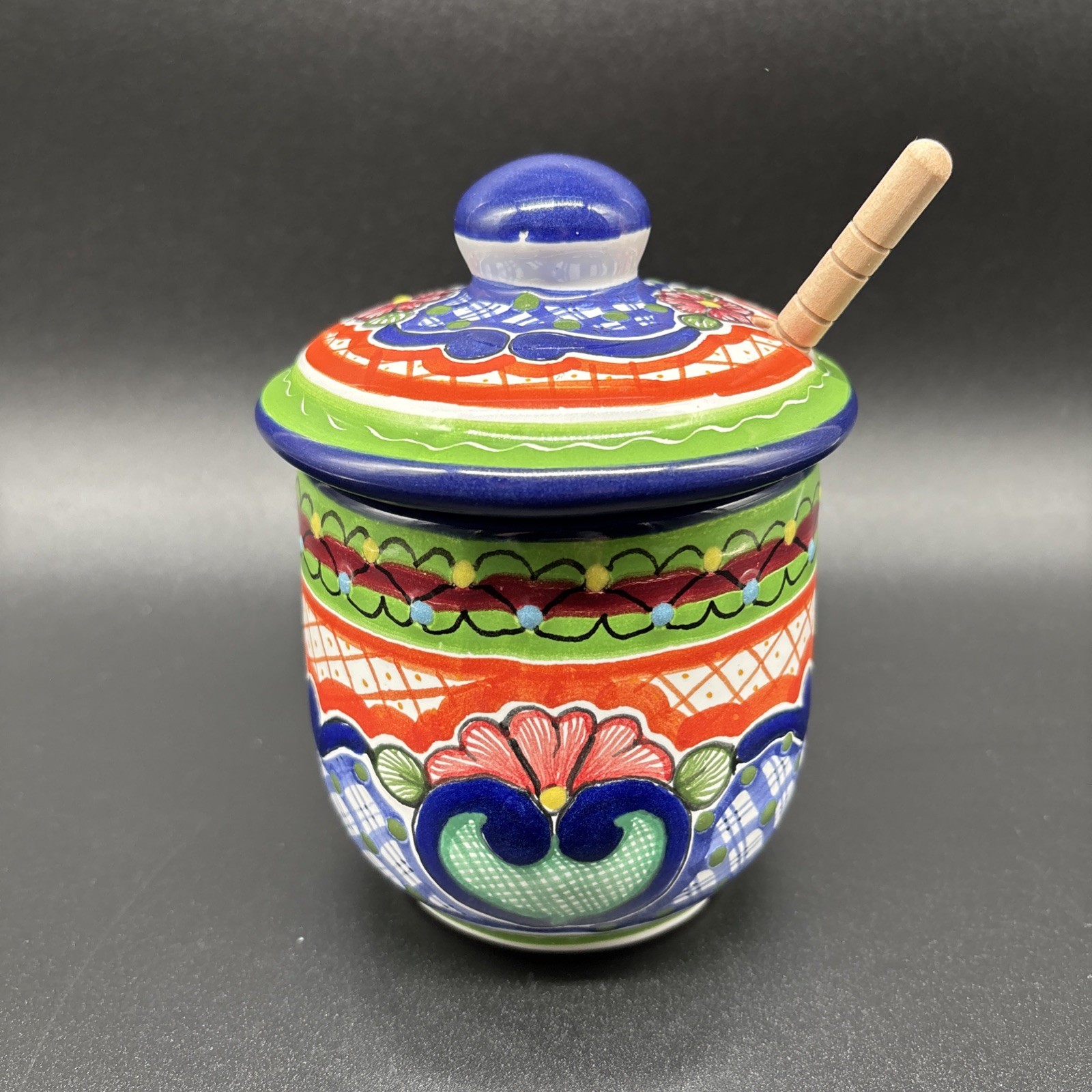 Arte Cruz Talavera Mexican Pottery Honey Pot W/ Wood Dipper Mielera 5.5" Tall