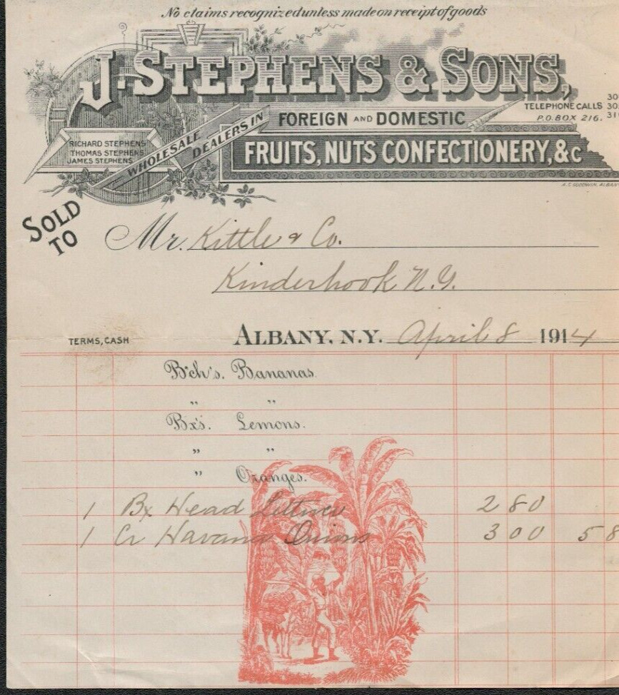 1914 Bill Head J Stevens & Foreign and Domestic Fruits Nuts Confectio Letterhead 1914 Bill Head J Stevens & Foreign and Domestic Fruits Nuts Confectio Letterhead