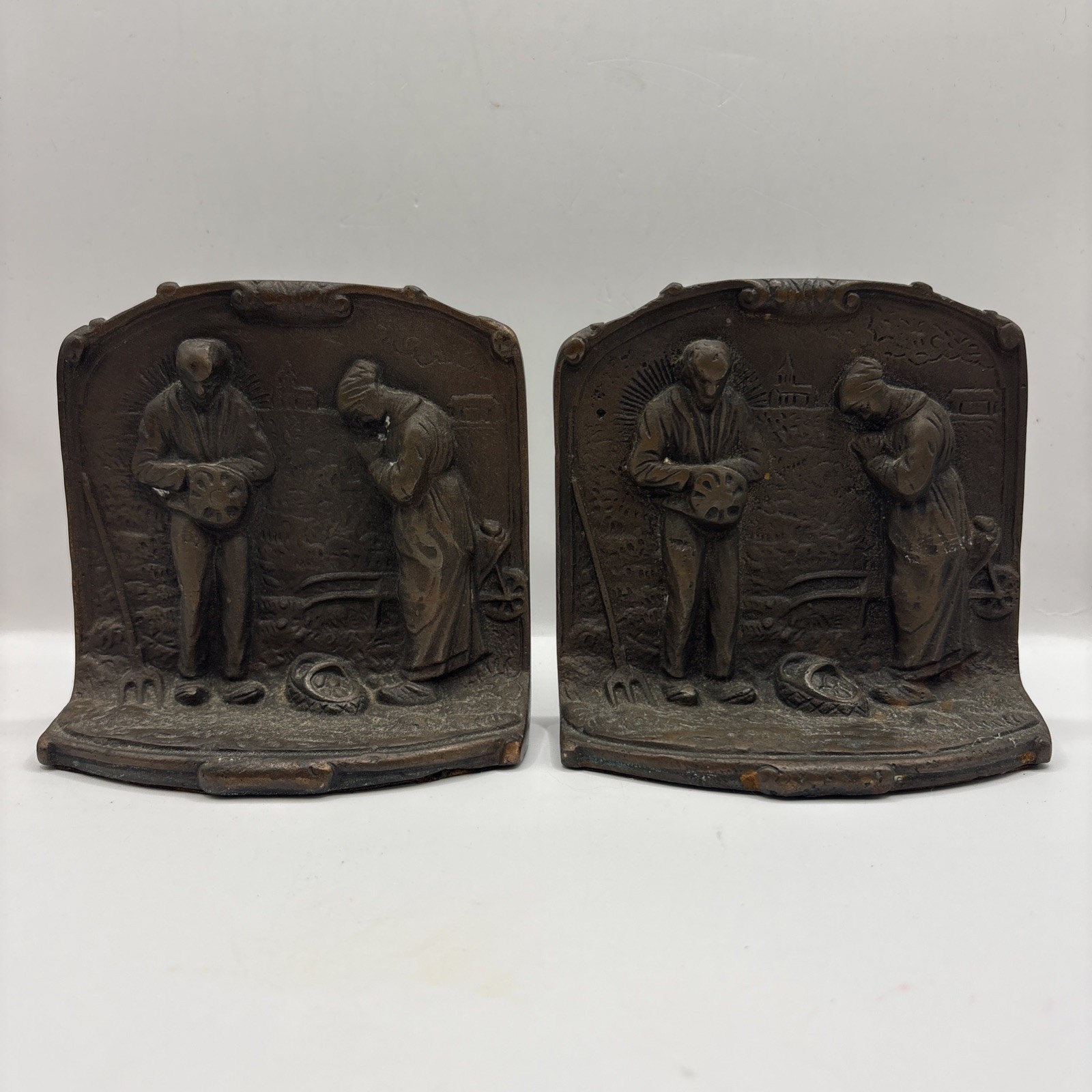 Vintage 1920s The Angelus Call to Prayer Cast Iron Bookends Farmers Harvest