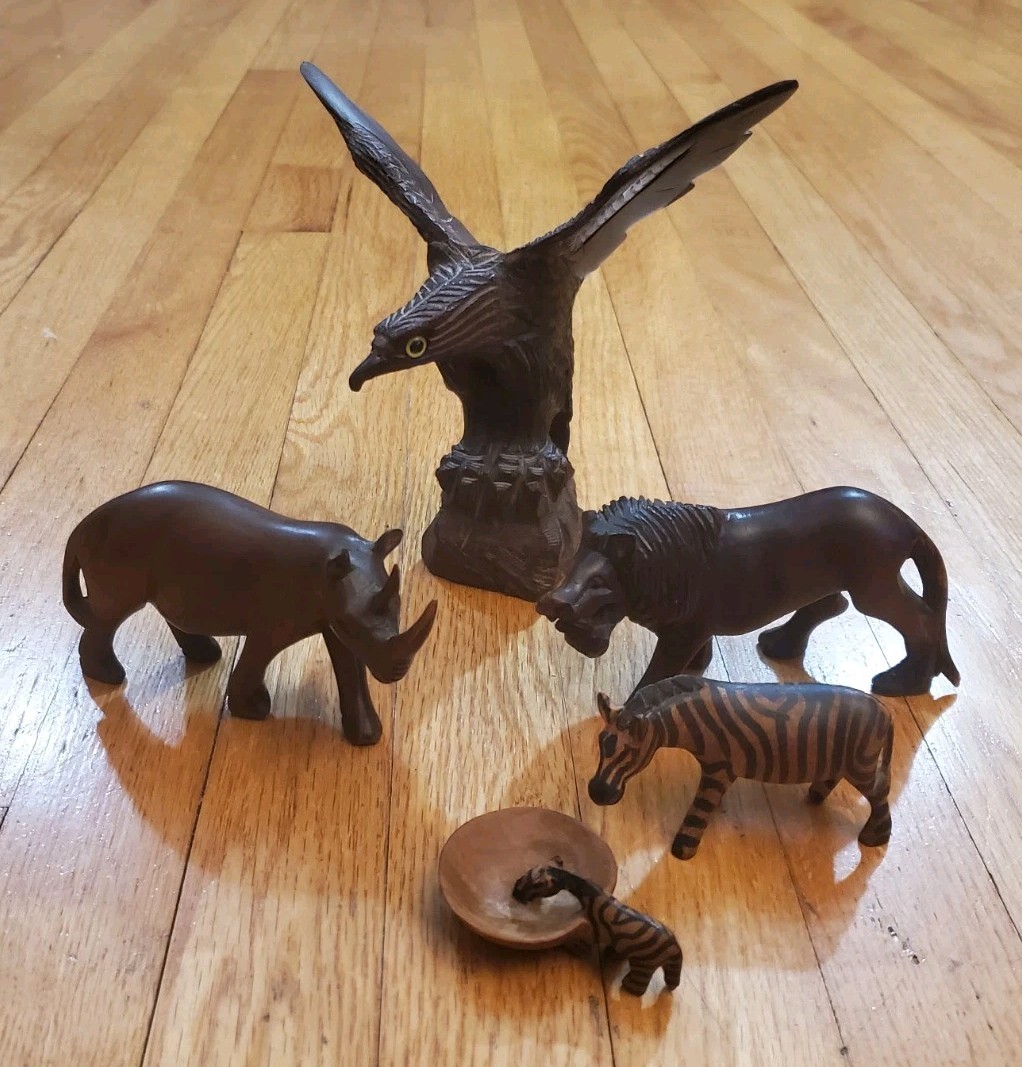 Vintage Hand Crafted Carved Wood Animals Folk Art Zebta Rhino Lion Eagle Vintage Hand Crafted Carved Wood Animals Folk Art Zebta Rhino Lion Eagle