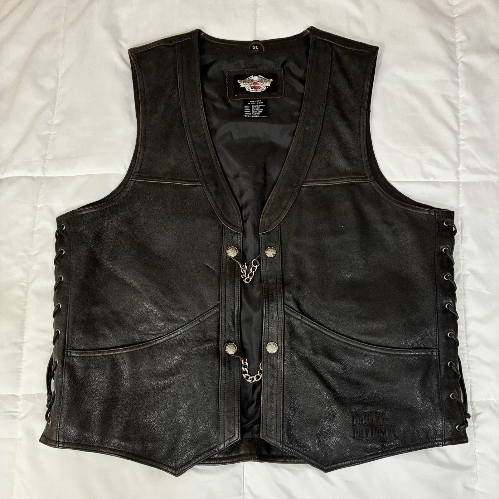 2007 Harley Davidson Black Genuine Leather Lace Up Biker Vest XL 2007 Harley Davidson Black Genuine Leather Lace Up Biker Vest XL