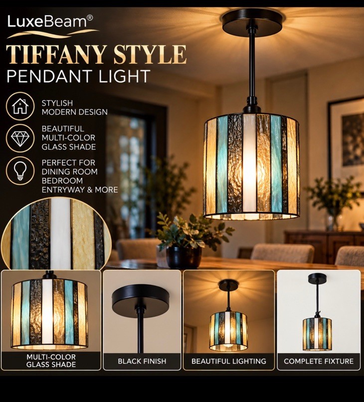 Tiffany Style Pendant Light Black Multi-Color Stained Glass Hanging Ceiling