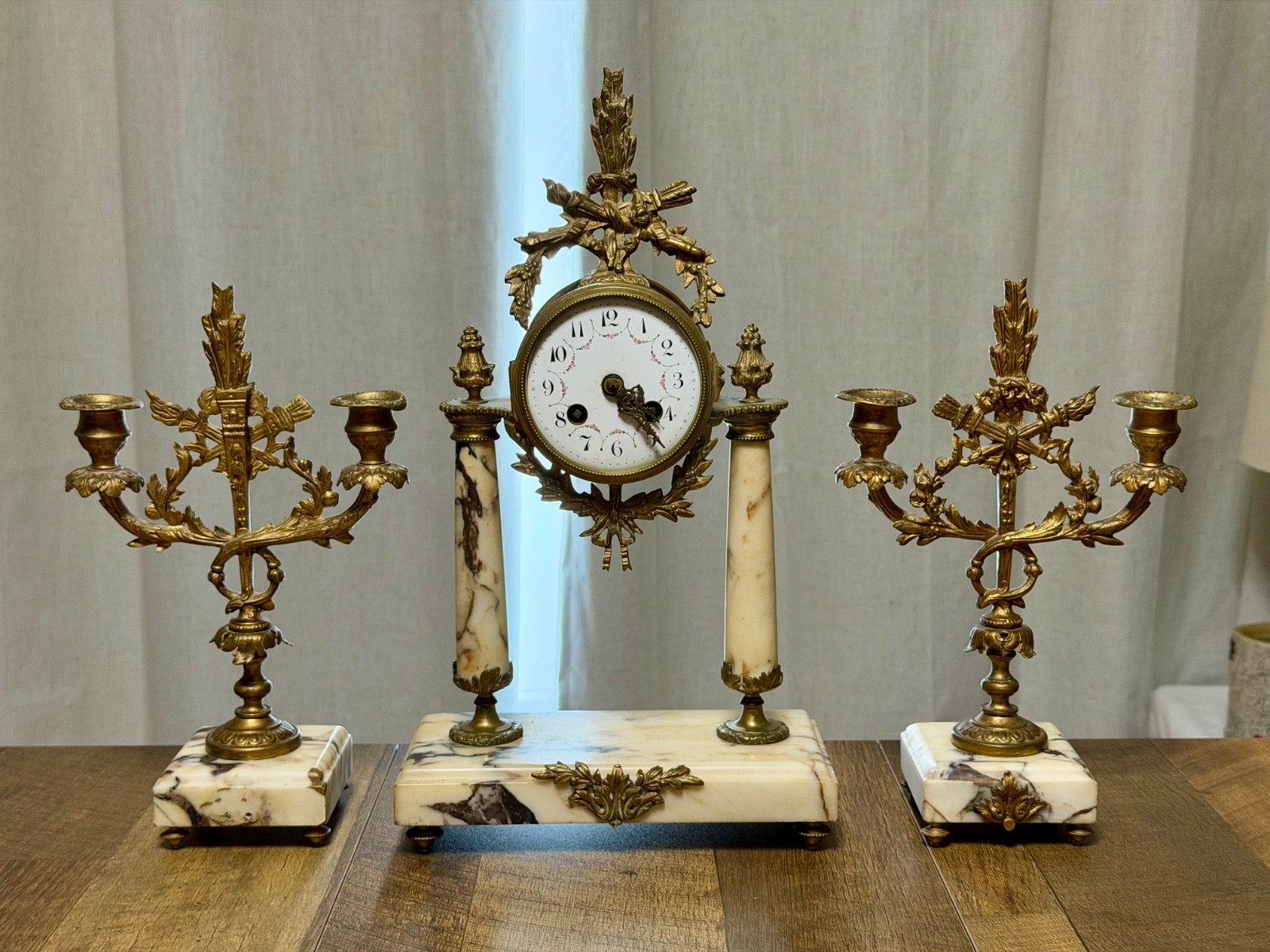 Antique French Louis XVI Style 3-Piece Marble Mantel Clock Garniture WORKING Antique French Louis XVI Style 3-Piece Marble Mantel Clock Garniture WORKING