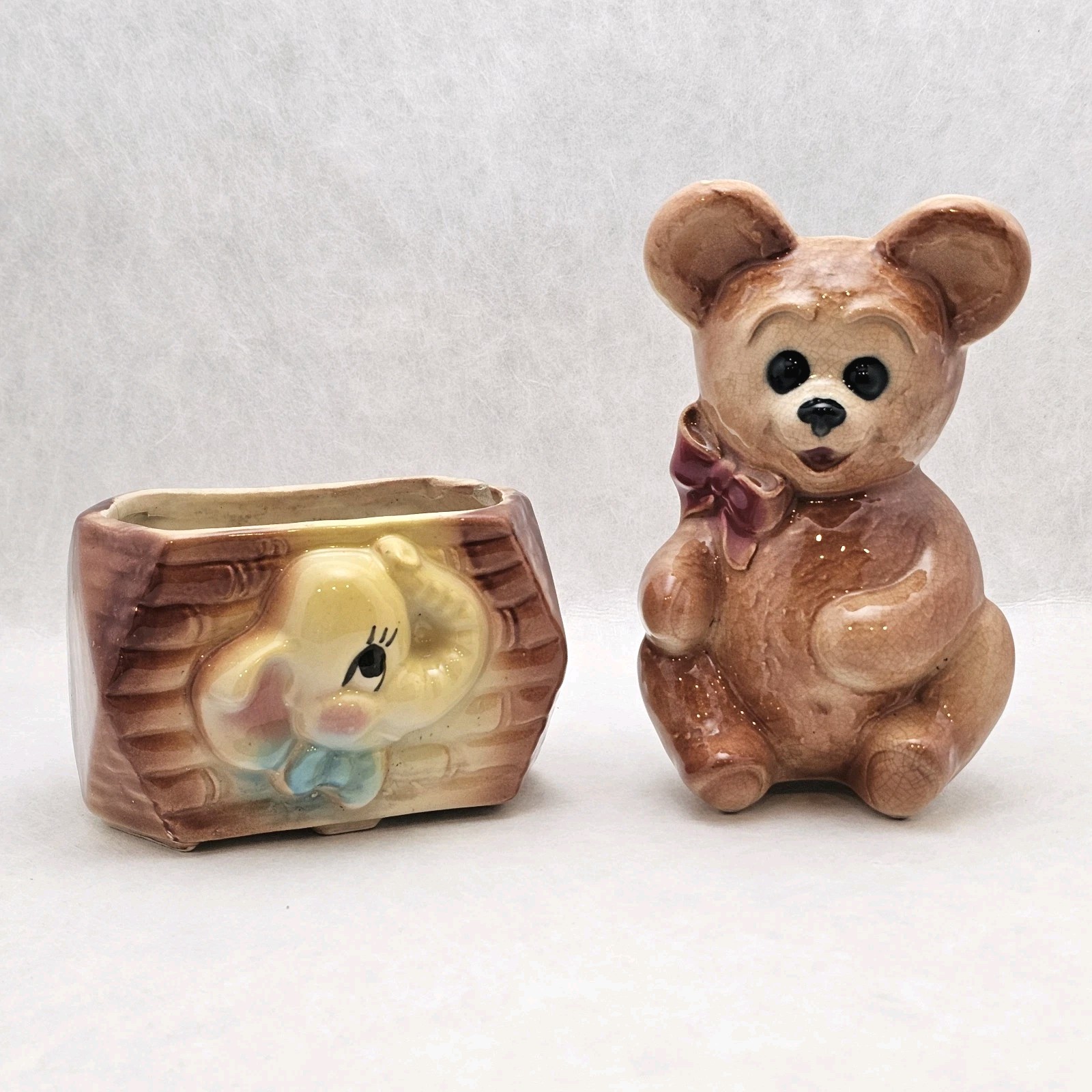 Vintage Royal Copley Ceramic Teddy Bear & Elephant Mid Century Nursery Planters Vintage Royal Copley Ceramic Teddy Bear & Elephant Mid Century Nursery Planters