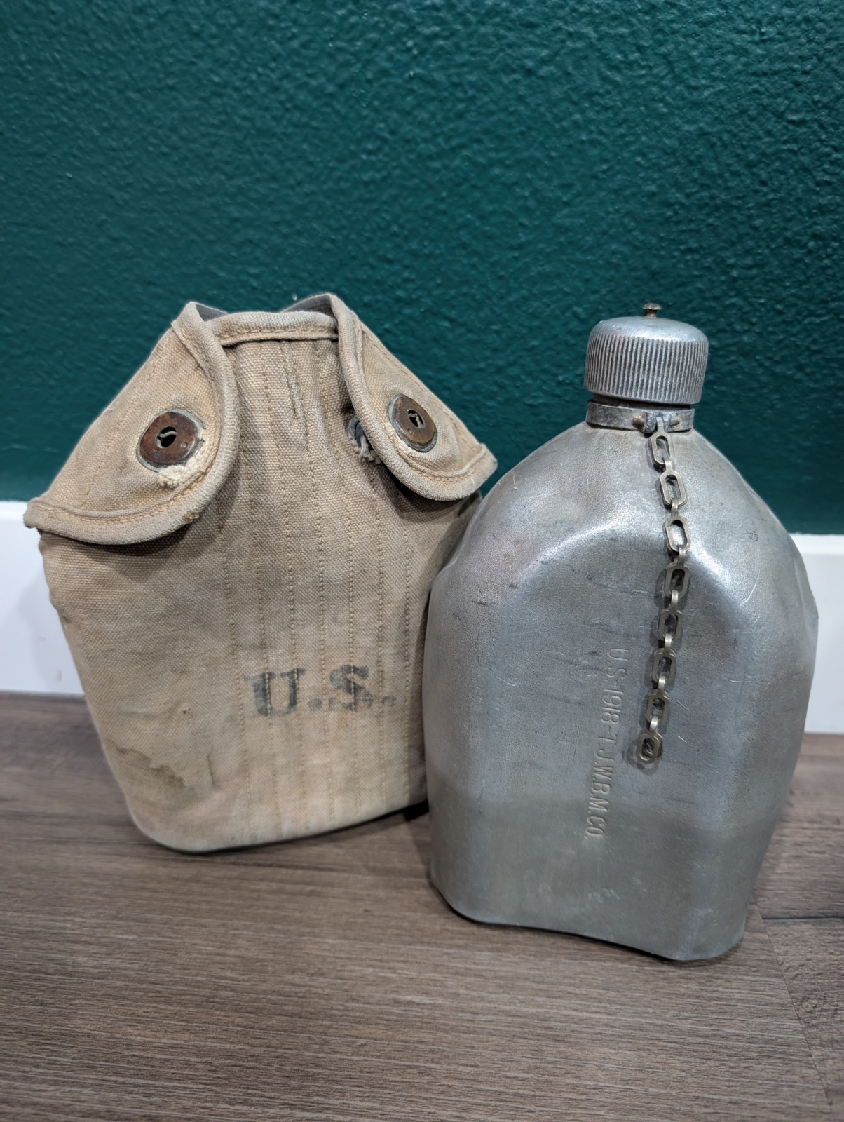 Antique US Military WW1 Canteen 1918 Stamped Perkins Campbell w/Insulated Cover 
