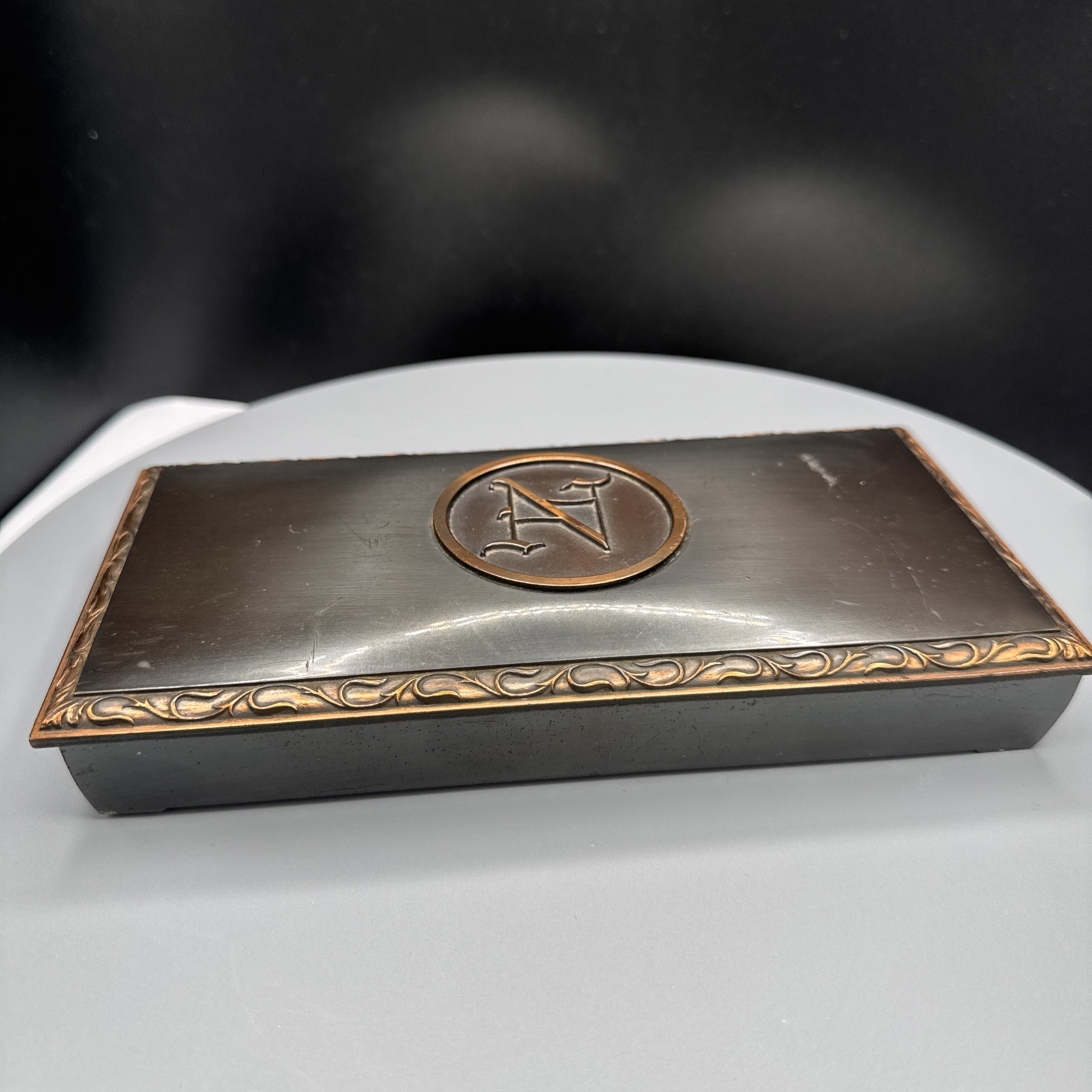 Vintage L. E. Mason Bronze, Cigarette Box Monogram “N” Cork Lined 8” X 4” Vintage L. E. Mason Bronze, Cigarette Box Monogram “N” Cork Lined 8” X 4”
