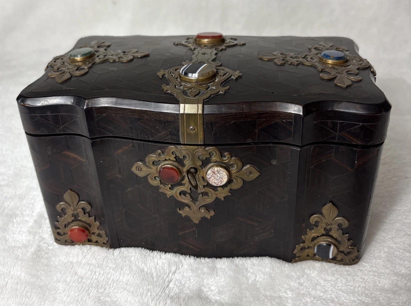 Antique 19th Century Napoleon III French Tea Caddy Box Wood Stone Brass Antique 19th Century Napoleon III French Tea Caddy Box Wood Stone Brass