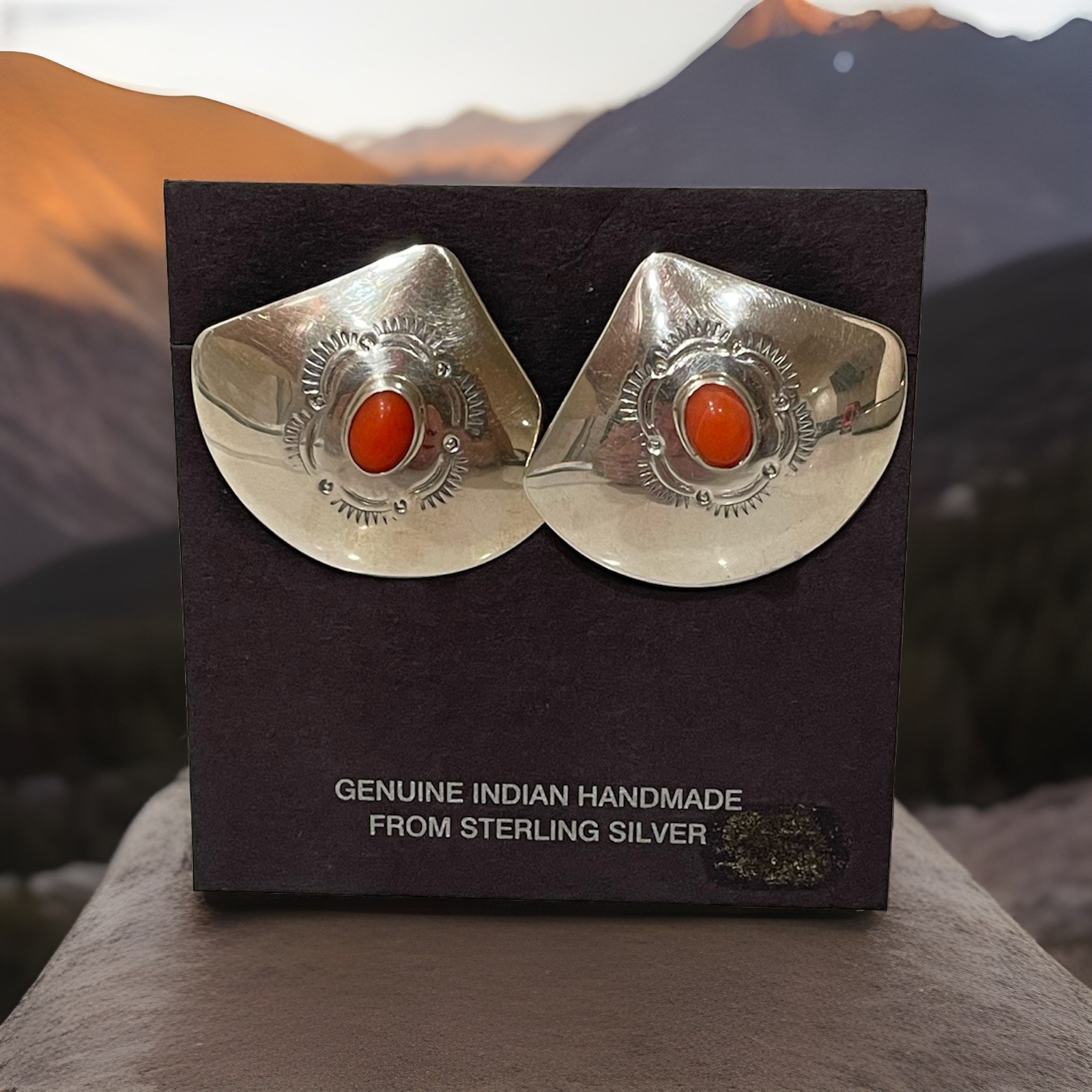 Vintage Navajo Sterling Silver Natural Red Coral Stamped Concho Earrings Signed