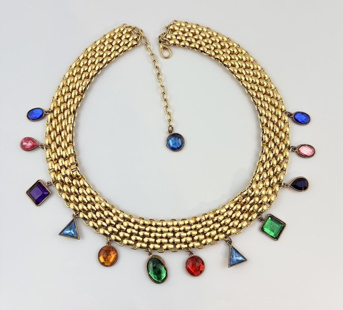 Vtg Disco Gold Tone Chain Belt Colorful Rhinestone Dangle Large Statement 38" Vtg Disco Gold Tone Chain Belt Colorful Rhinestone Dangle Large Statement 38"