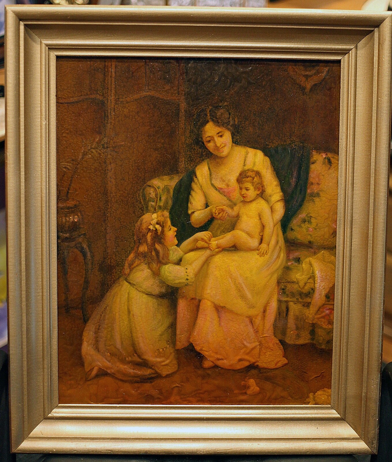 Antique Original Hand Painted Porcelain Painting 16x20 Mother & Children Framed Antique Original Hand Painted Porcelain Painting 16x20 Mother & Children Framed