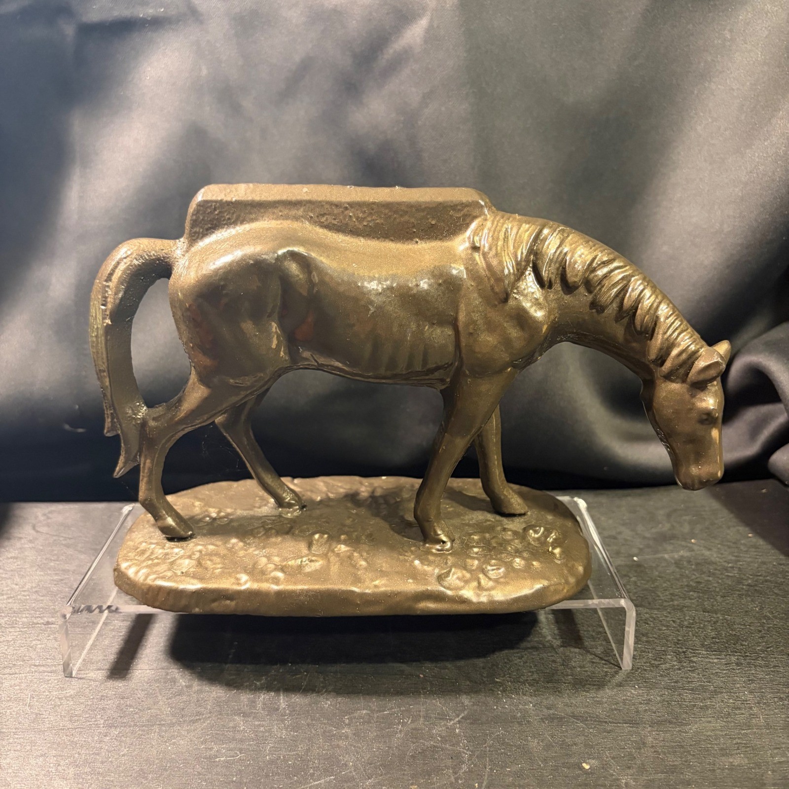 Vintage Cast Metal Grazing Horse Figurine Brass Tone Equestrian Decor Stallion