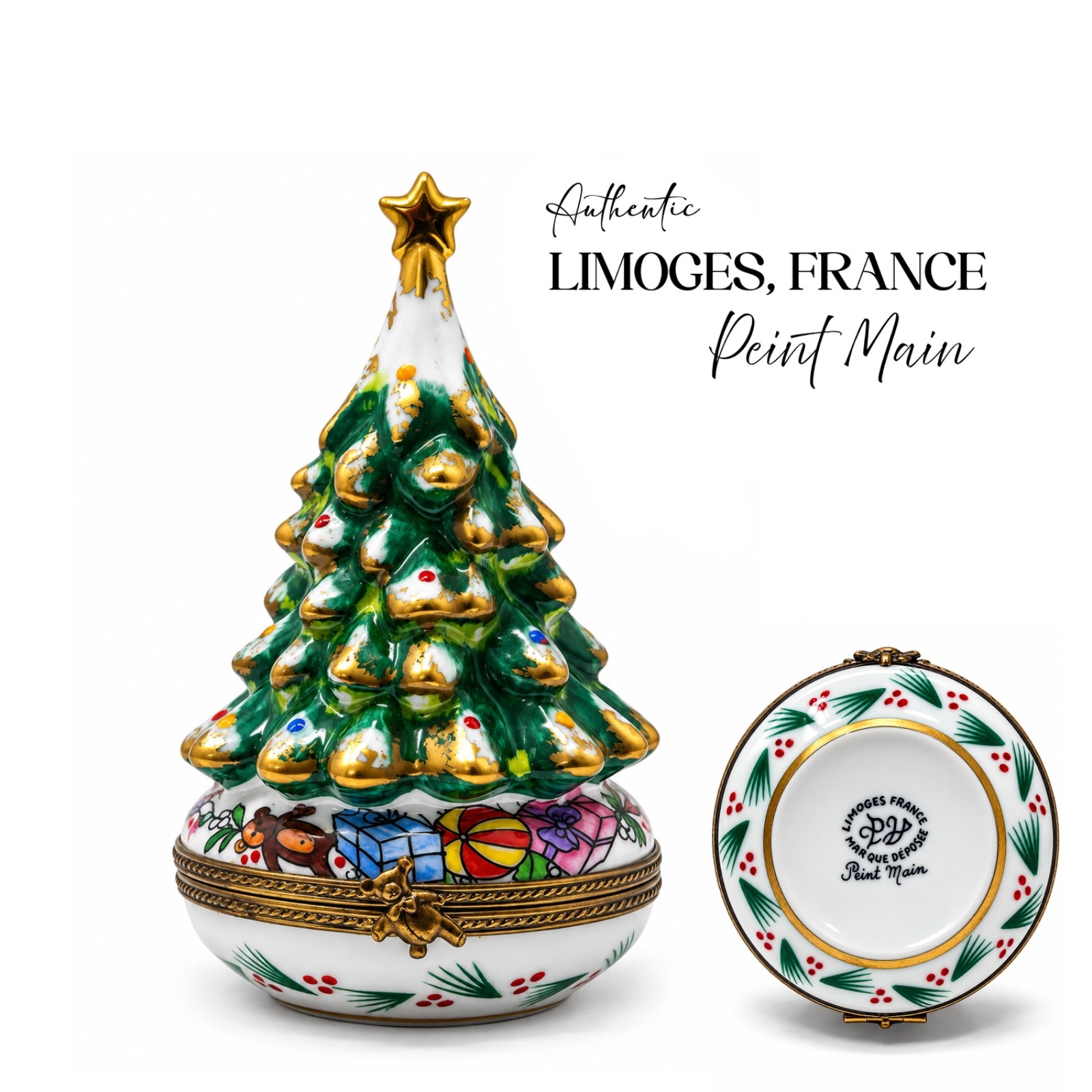 Limoges Peint Main France Christmas Tree Trinket Box Gift 4in Mint Limoges Peint Main France Christmas Tree Trinket Box Gift 4in Mint