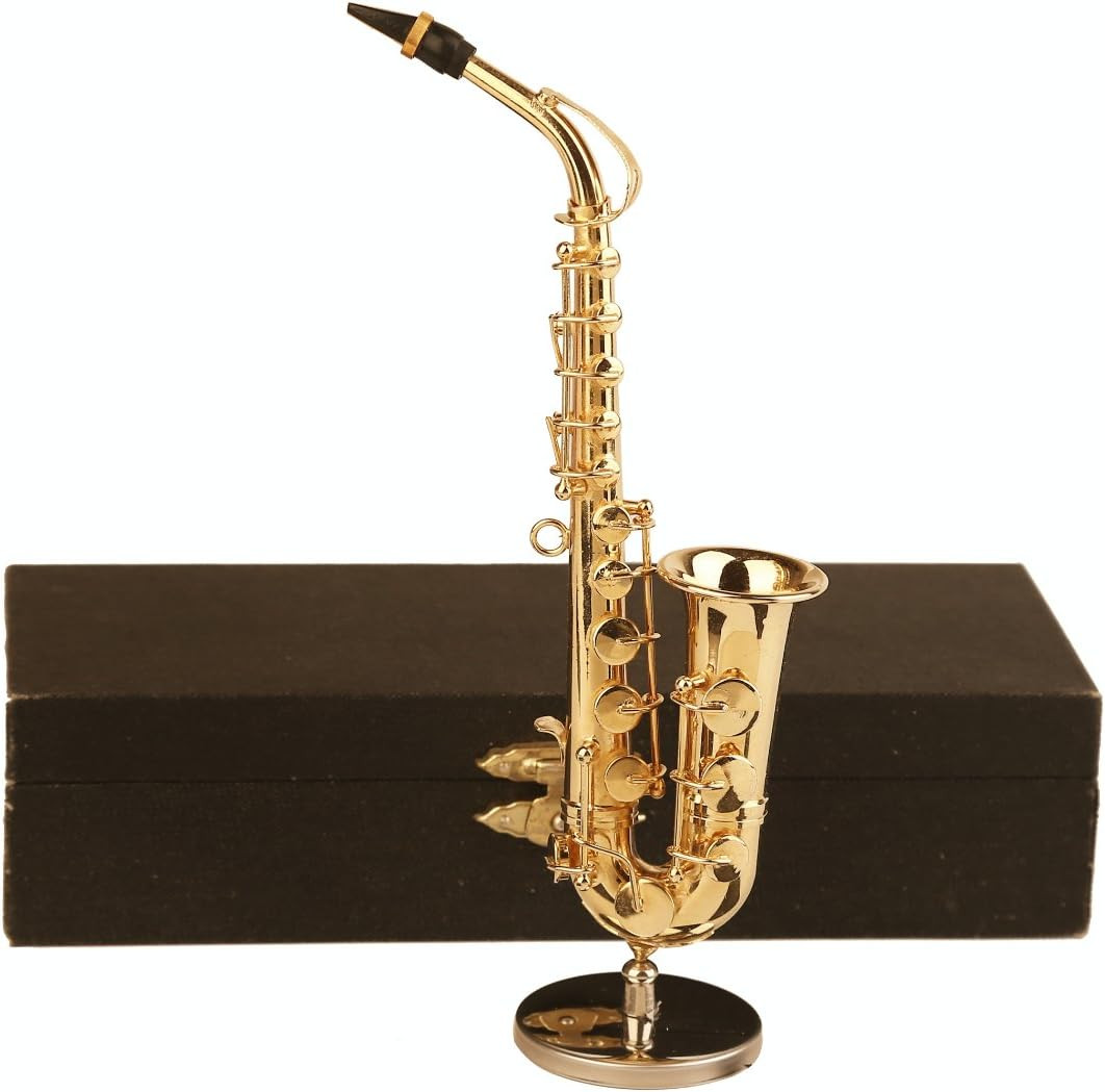 Miniature Saxophone Replica with Stand and Case Tabletop Sculpture Ornament Miniature Saxophone Replica with Stand and Case Tabletop Sculpture Ornament