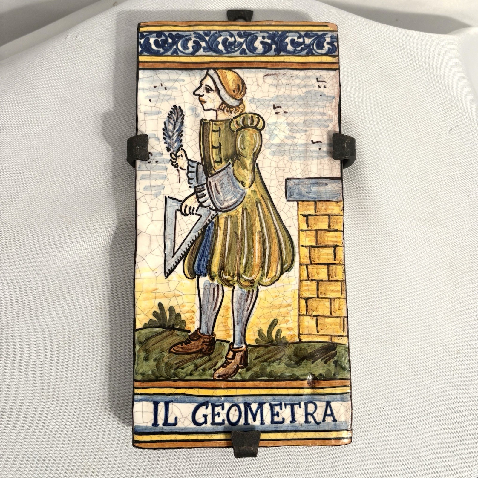 Vintage Italian Simonetti Handpainted Tile Surveyor Geometra Castelli Ceramic