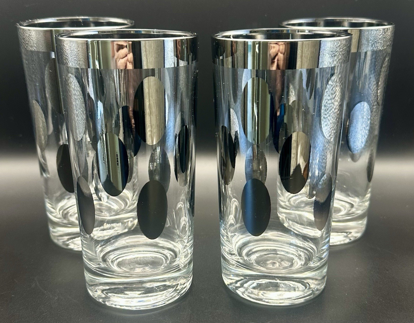 Vintage MCM Silver Polka Dot Highball Glasses Set of 4 Platinum Band *See Note