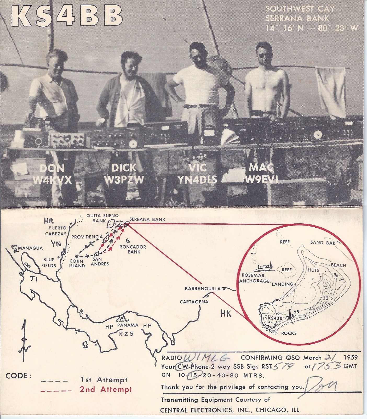 Vintage KS4BB Southwest Cay Serrana Bank DXpedition 1959 Amateur Radio QSL Card Vintage KS4BB Southwest Cay Serrana Bank DXpedition 1959 Amateur Radio QSL Card