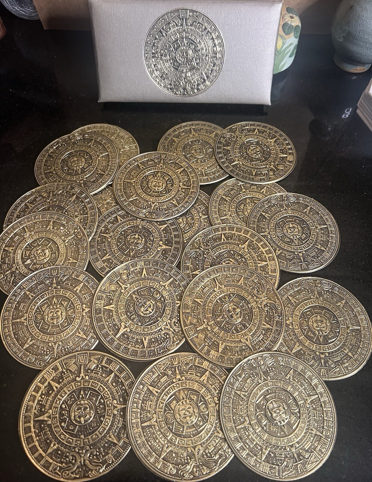 Vintage Aztec Calendar 20 Pc Coaster Set Chrysons California Smith Pacific 3 1/2