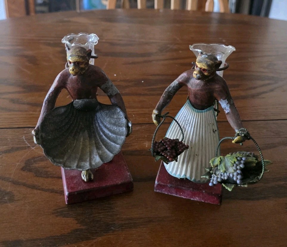 Vintage Pair Petites Choses Figural Monkey Bud Vases 5.5" Bronze? Cast Iron? Vintage Pair Petites Choses Figural Monkey Bud Vases 5.5" Bronze? Cast Iron?