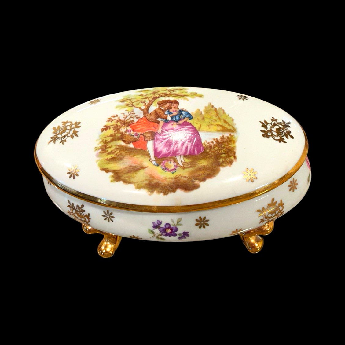 Limoges France Porcelain Footed Oval Lidded Trinket Box Gold Couple Scene Limoges France Porcelain Footed Oval Lidded Trinket Box Gold Couple Scene