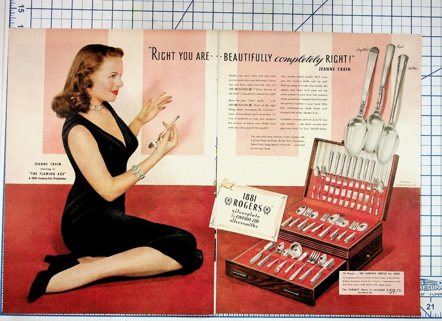 Jeanne Crain 1947 1881 Rogers Silverplate Oneida Vintage Magazine Ad Ephemera
