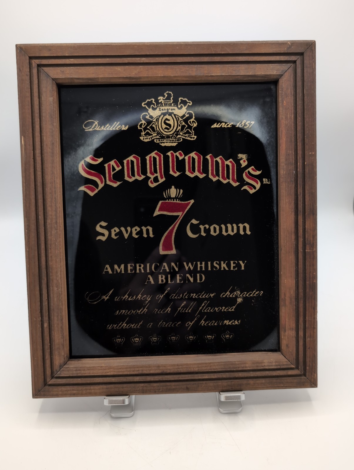 Vintage 12"X9"  Seagrams 7 Seven Crown American Whiskey Bar Mirror W/Wood Framed