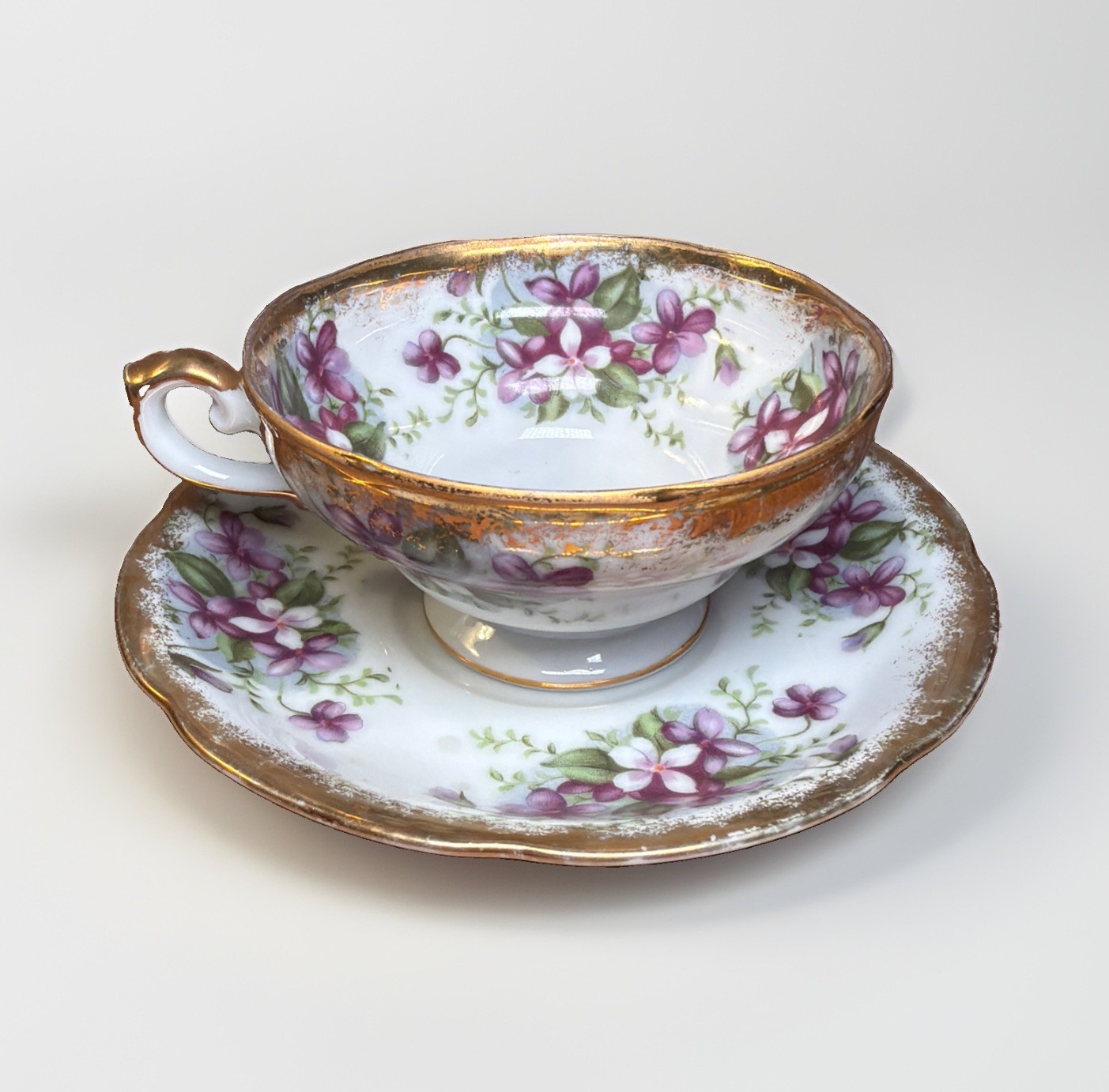 Vintage Lefton Crown Mark Purple Violet Teacup Saucer Set Hand Painted 22k Japan Vintage Lefton Crown Mark Purple Violet Teacup Saucer Set Hand Painted 22k Japan
