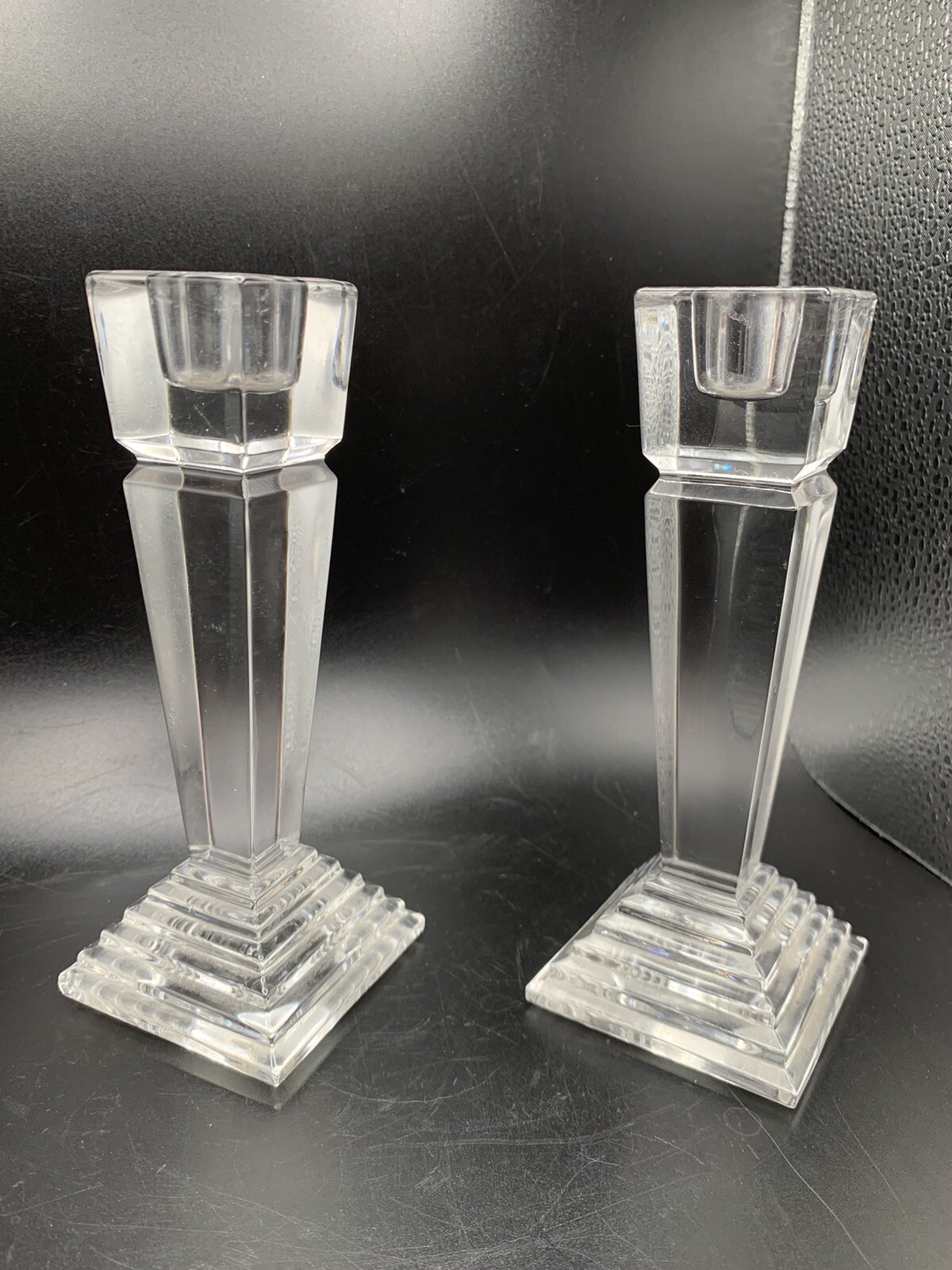 Vintage Pair Art Deco Crystal Candle Holders Stepped Geometric Square Vintage Pair Art Deco Crystal Candle Holders Stepped Geometric Square