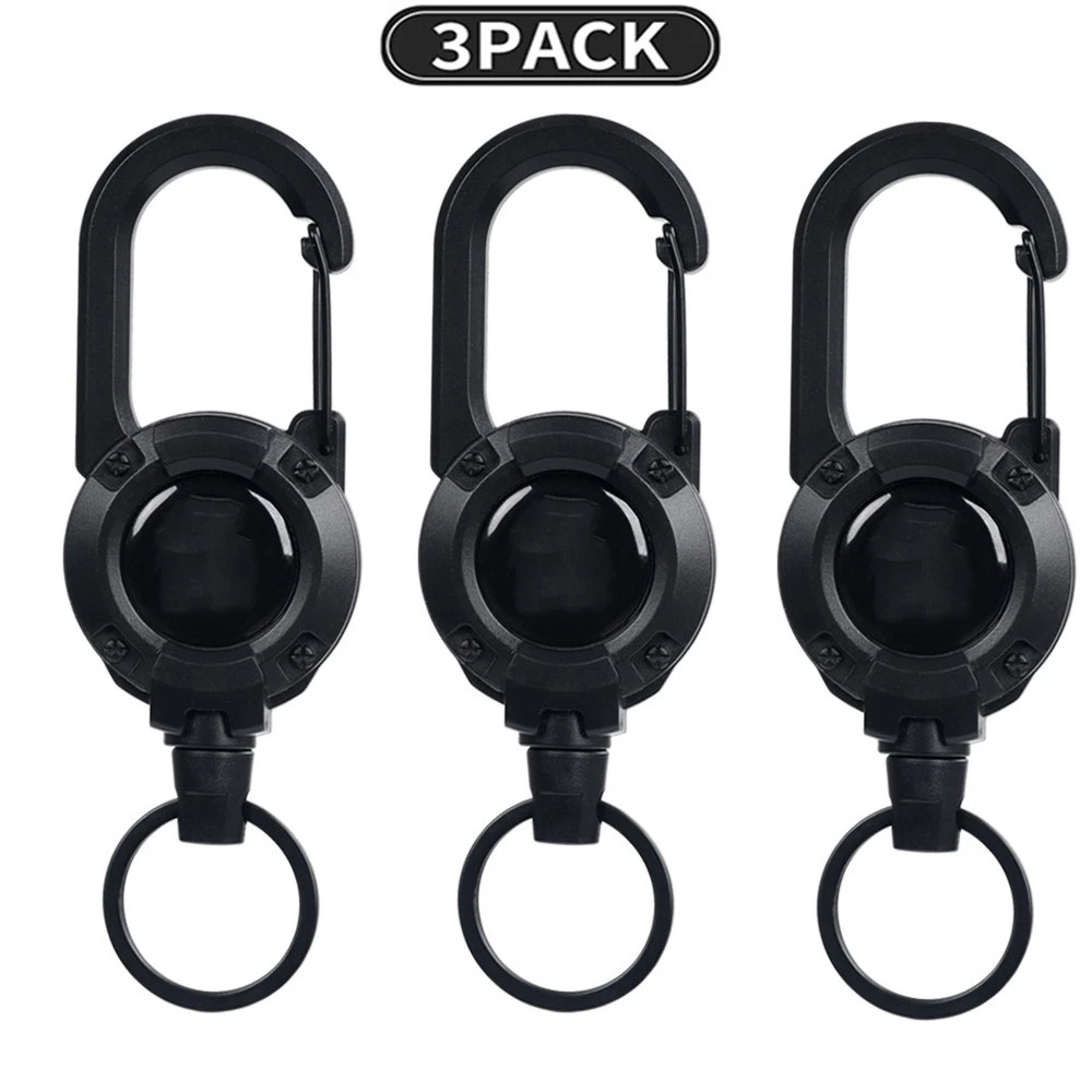 3Pcs Retractable Keychain Heavy Duty Carabiner Badge Holder Steel Wire Cord Reel