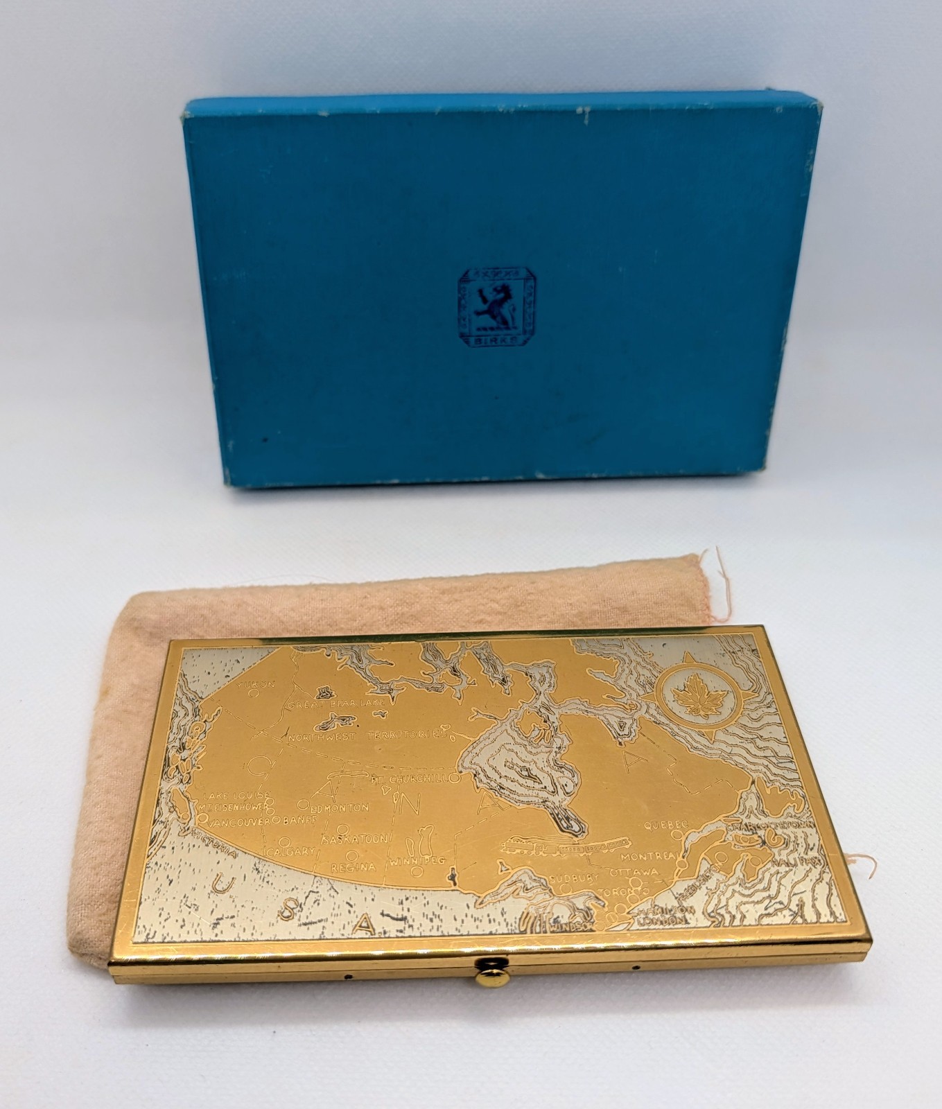 Vintage Birks Wadsworth Canada Map Brass Cigarette Case Card Holder w/ Box 1940s Vintage Birks Wadsworth Canada Map Brass Cigarette Case Card Holder w/ Box 1940s