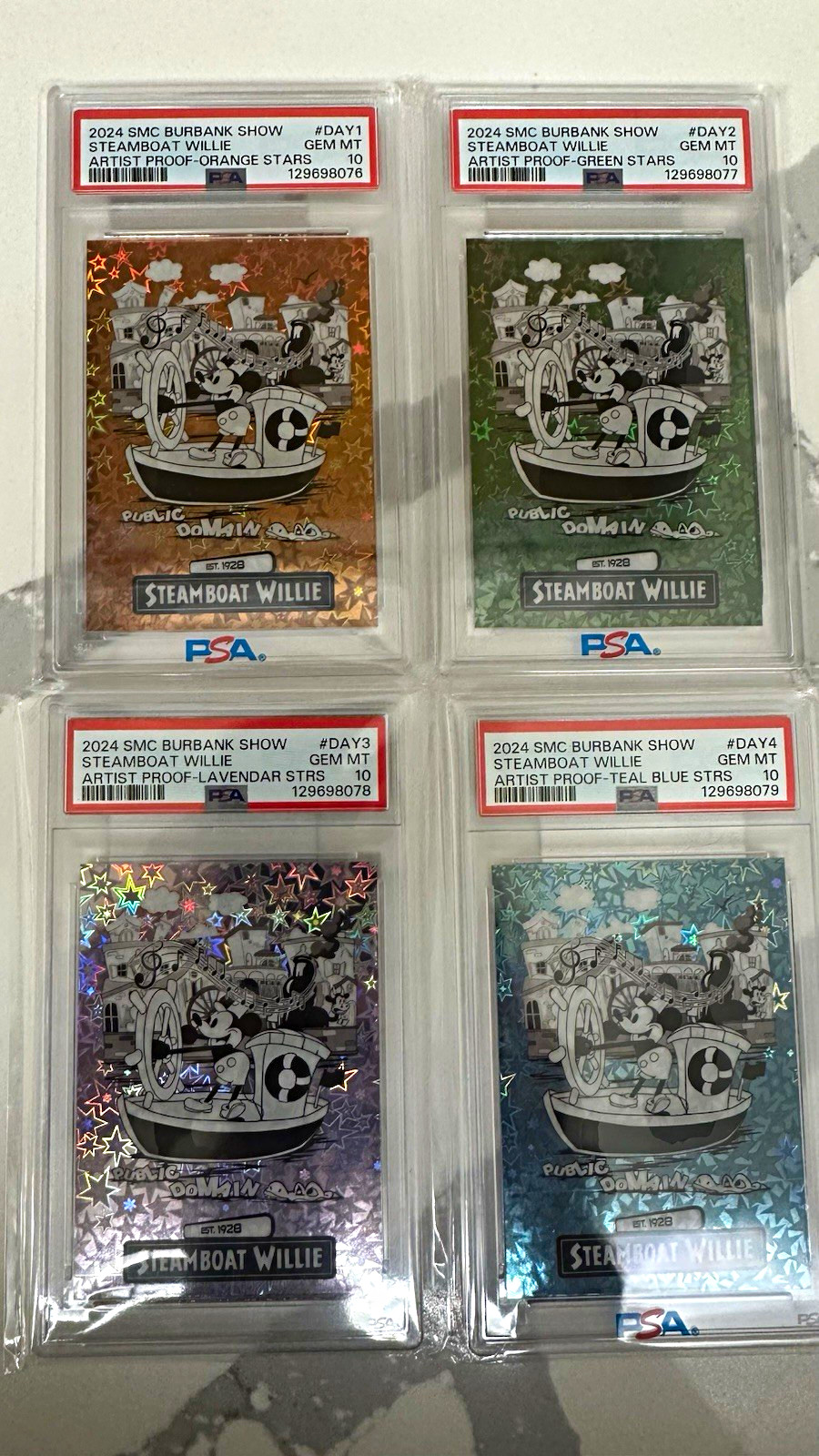 Very RARE set 2024 SMC Burbank Show Steamboat Willie 4x PSA 10 AP all 4 pop 1 Very RARE set 2024 SMC Burbank Show Steamboat Willie 4x PSA 10 AP all 4 pop 1