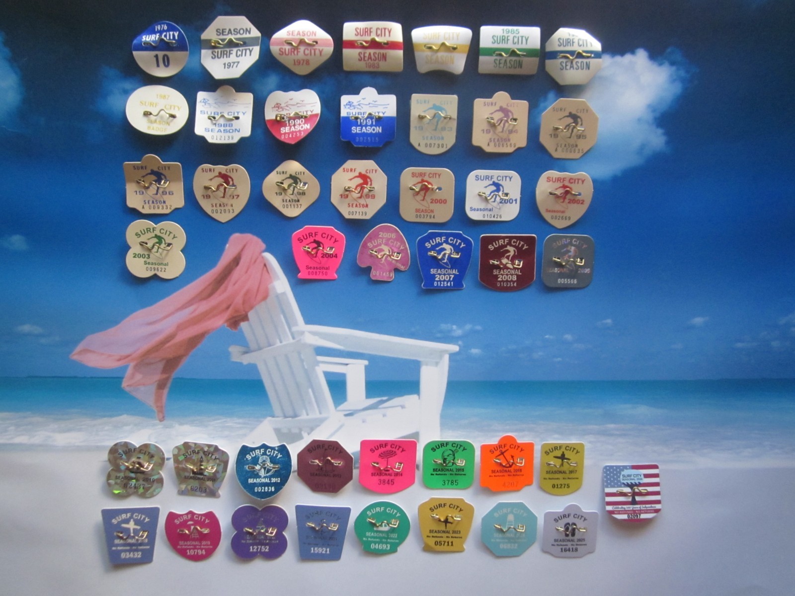 44 YEARS SURF CITY NEW JERSEY SEASONAL BEACH BADGES/TAGS 44 YEARS SURF CITY NEW JERSEY SEASONAL BEACH BADGES/TAGS
