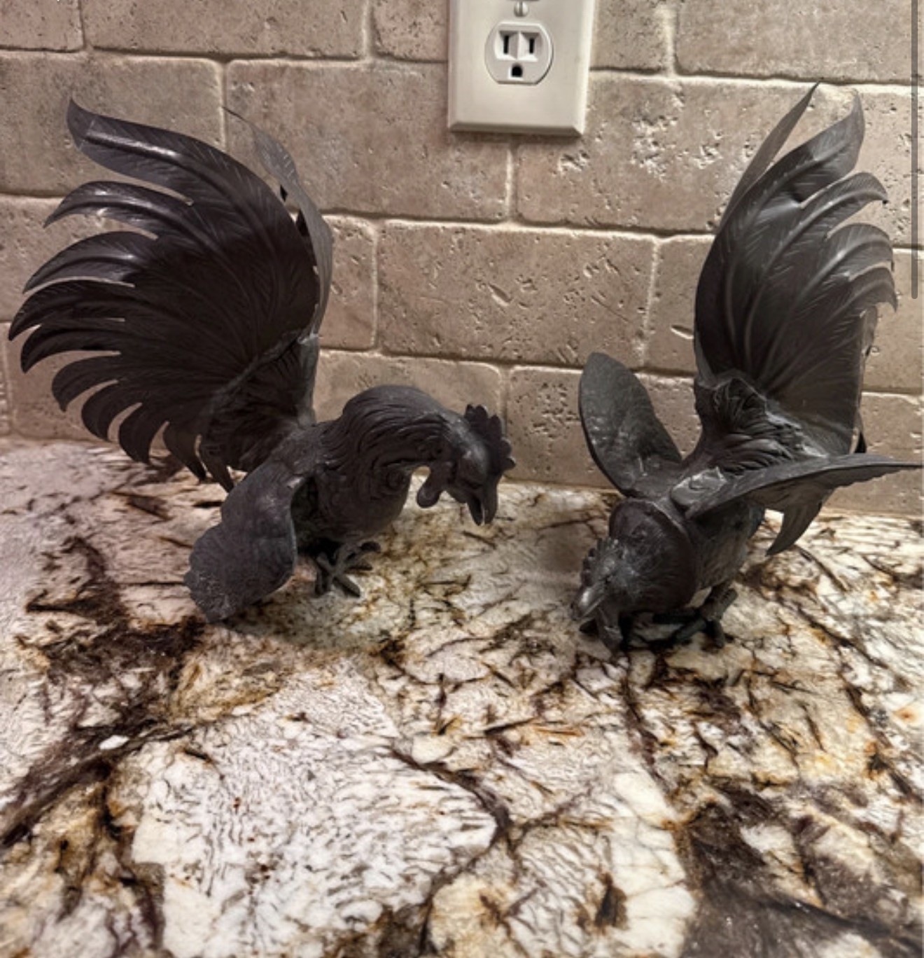  Vintage Pair of Brass Fighting Roosters Cocks MCM Mid Century Modern
