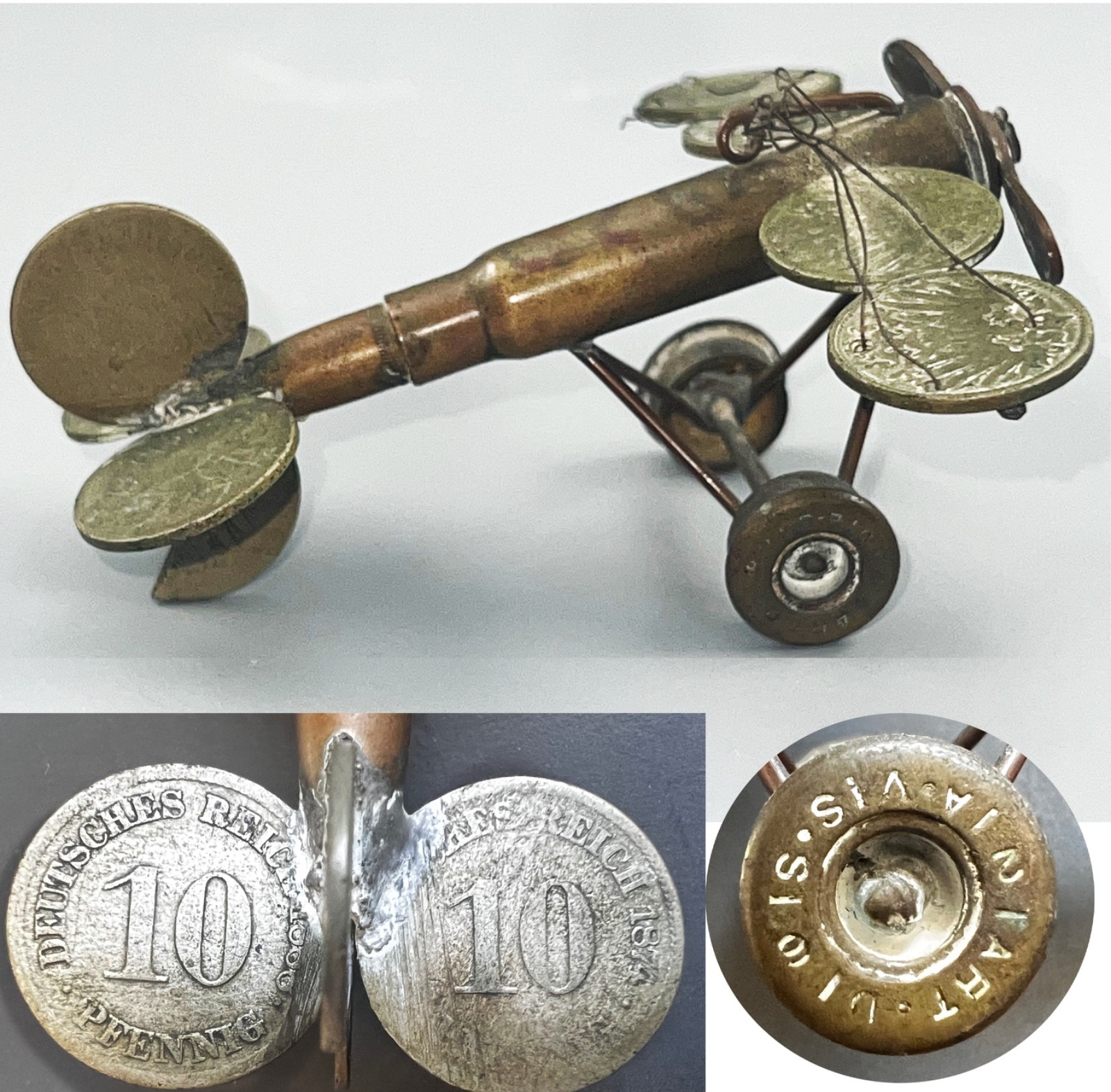 Antique WWI TRENCH ART AIRPLANE MODEL 1874 GERMAN 10 PFENNIG COINS BRASS Antique WWI TRENCH ART AIRPLANE MODEL 1874 GERMAN 10 PFENNIG COINS BRASS