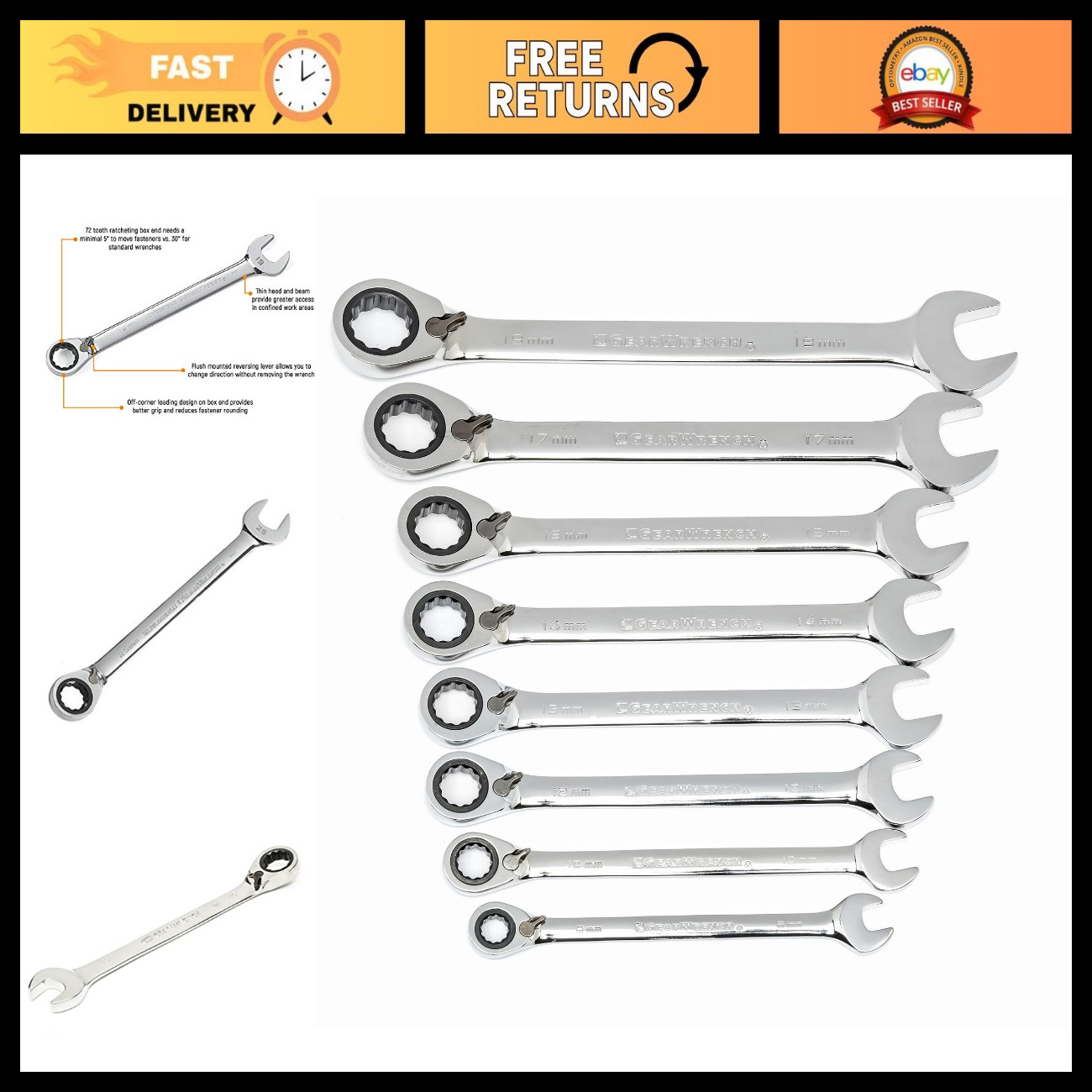 GEARWRENCH 8 Pc 72T Reversible Ratcheting Combination mm Wrench Set | 9543 GEARWRENCH 8 Pc 72T Reversible Ratcheting Combination mm Wrench Set | 9543