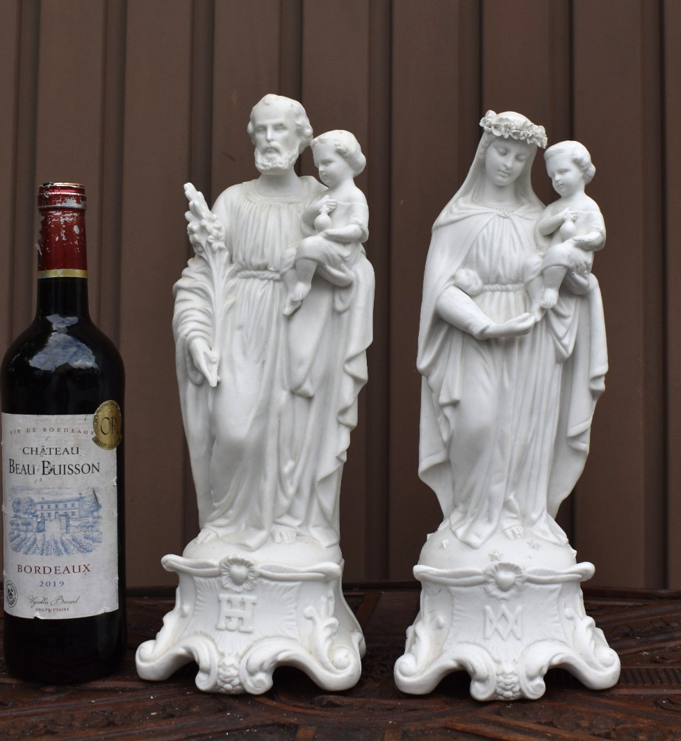 PAIR antique Letu mauger bisque porcelain saint joseph mary child jesus statue PAIR antique Letu mauger bisque porcelain saint joseph mary child jesus statue