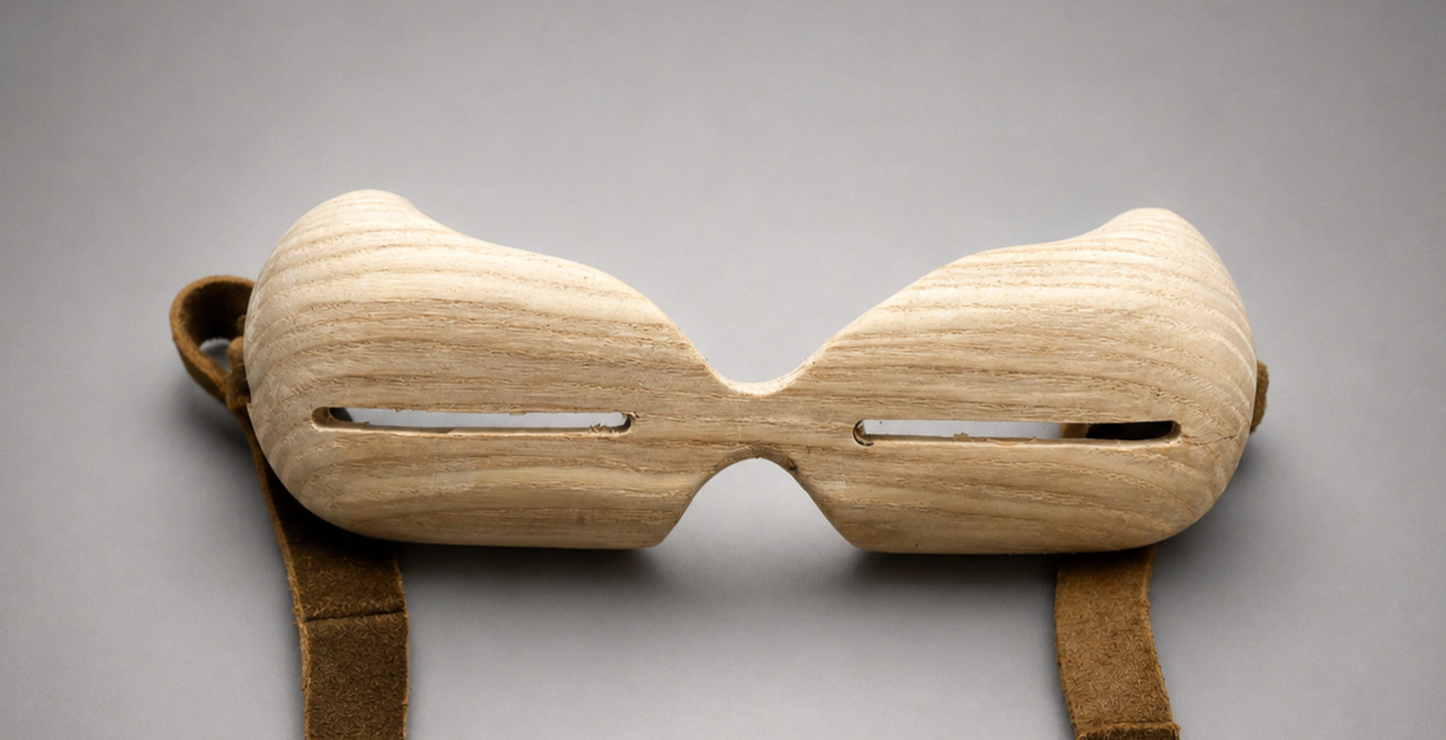 Inuit Wooden Snow Goggles, Eskimo Art, Rustic Carved Reproduction with straps Inuit Wooden Snow Goggles, Eskimo Art, Rustic Carved Reproduction with straps