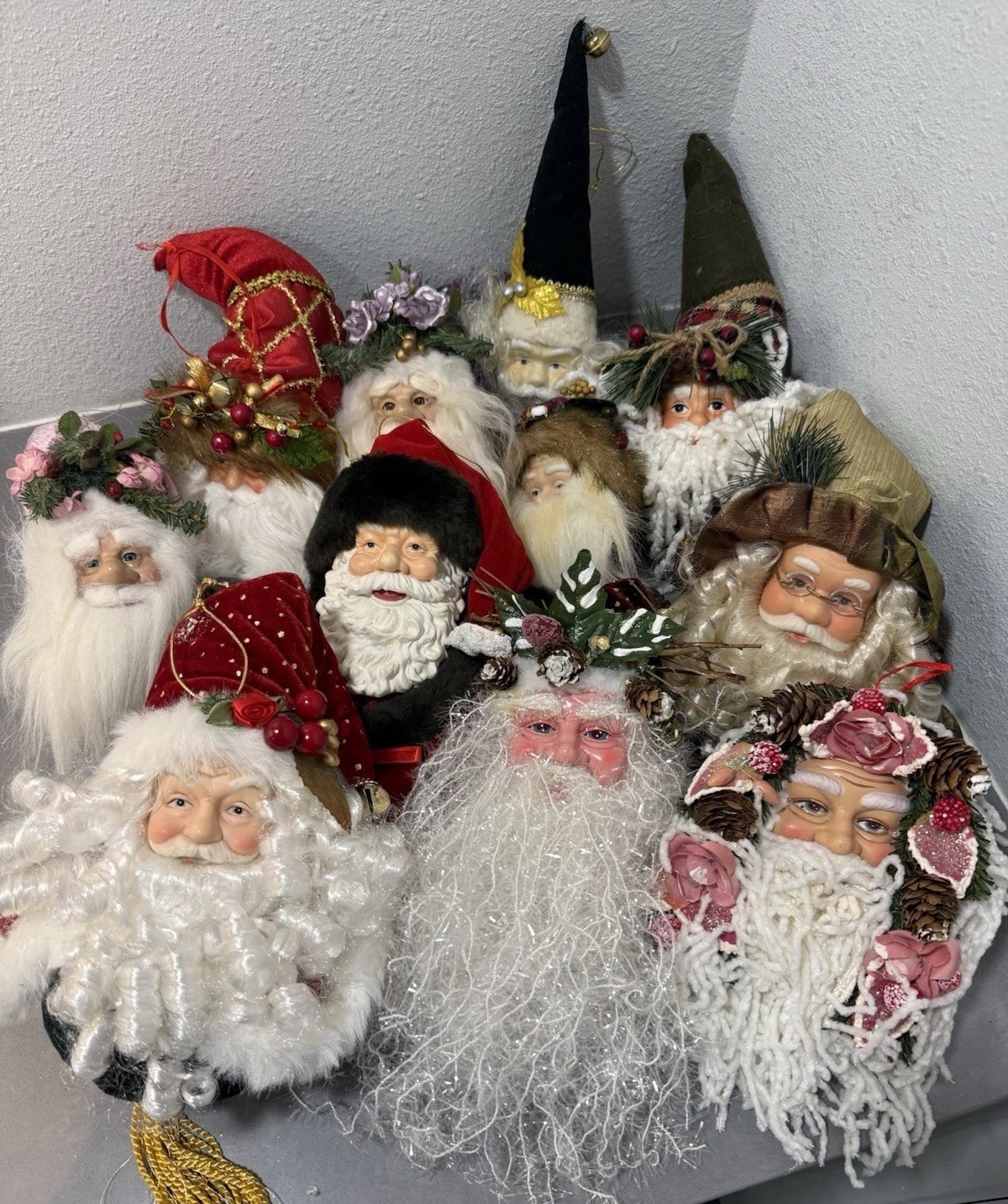 VTG: Santa Claus Ornament Collection Of 11 Victorian Santa Heads Christmas Decor VTG: Santa Claus Ornament Collection Of 11 Victorian Santa Heads Christmas Decor