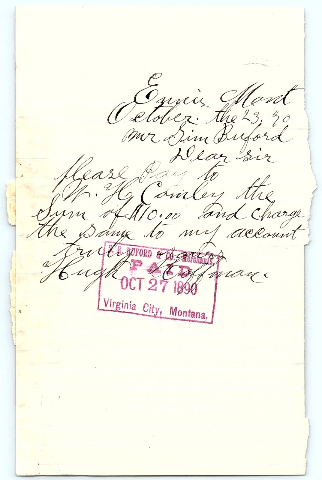 1889 Handwritten Payment Order Ennis/Virginia City MT 1889 Handwritten Payment Order Ennis/Virginia City MT