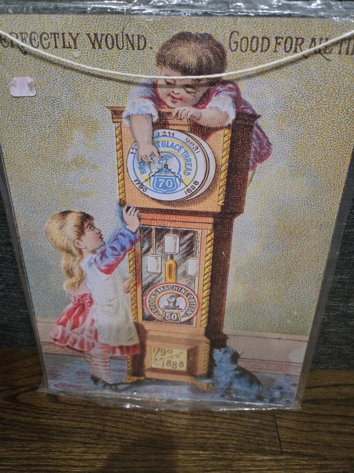 Kids & Grandfather Clock Machine Cotton Johnson VT Victorian Repro Tin Sign