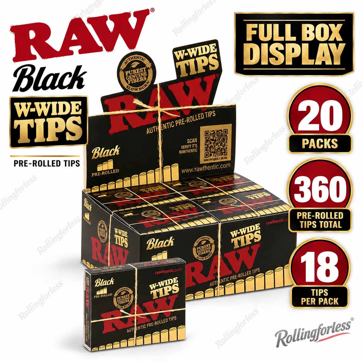 RAW Black W-Wide Pre-Rolled Extra Wide Tips Full Box 20 Packs 360 Total RAW Black W-Wide Pre-Rolled Extra Wide Tips Full Box 20 Packs 360 Total