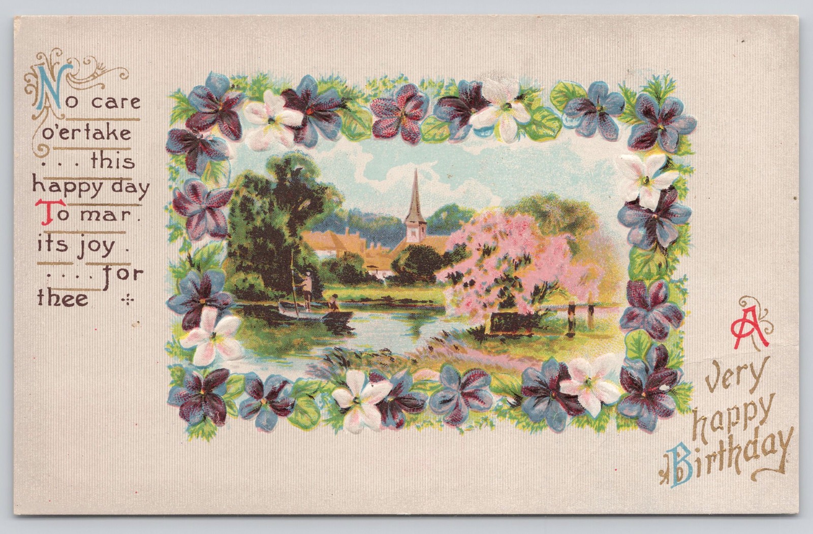 Antique Embossed Birthday Postcard River Village Violets c1905 Series 104 Antique Embossed Birthday Postcard River Village Violets c1905 Series 104